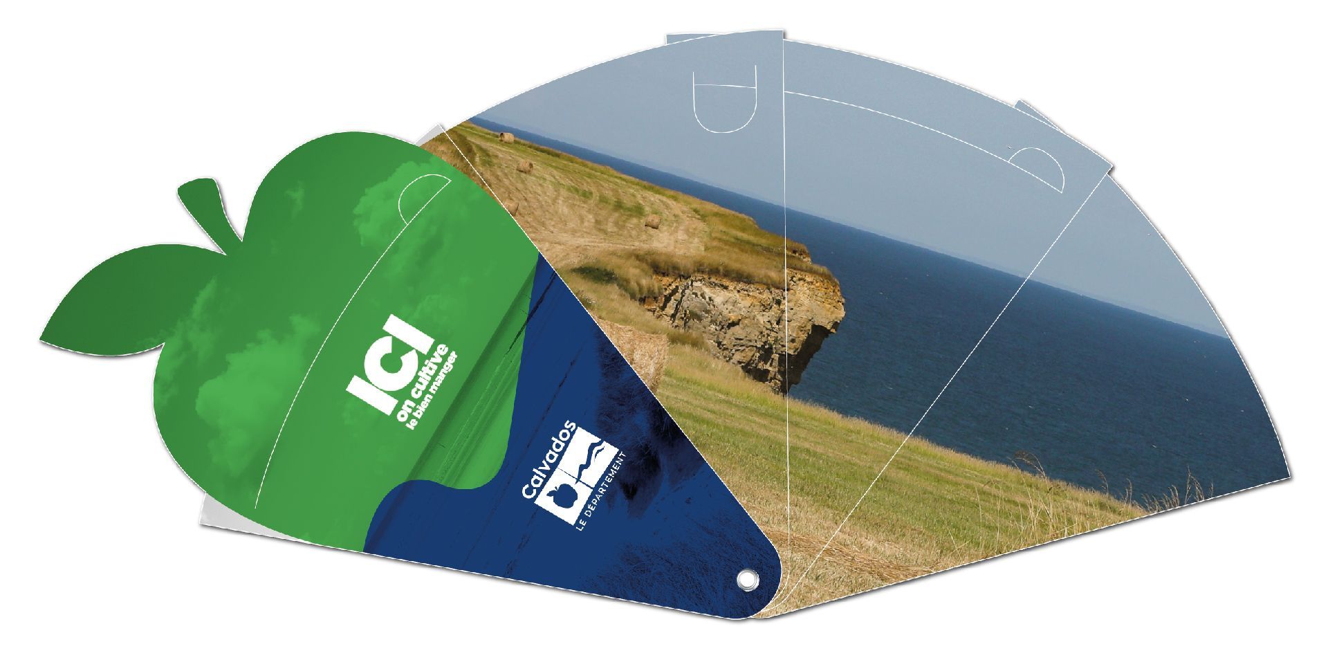 Éventail publicitaire personnalisé en carton pliable recyclable - Pomme Région Calvados recette cuisine déplié