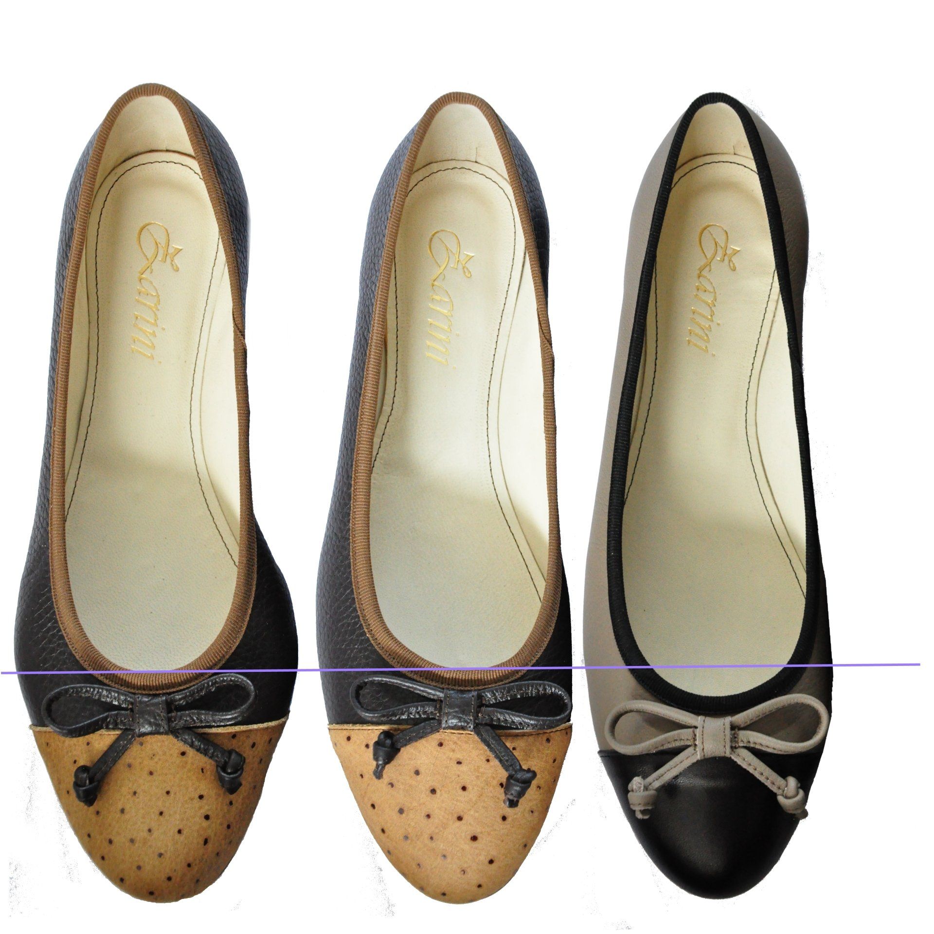 Hallux-Ballerina mit nach hinten versetztem Ausschnitt Hallux-Ballerinas/ links starker Hallux/ Mitte leichter Hallux/ Original