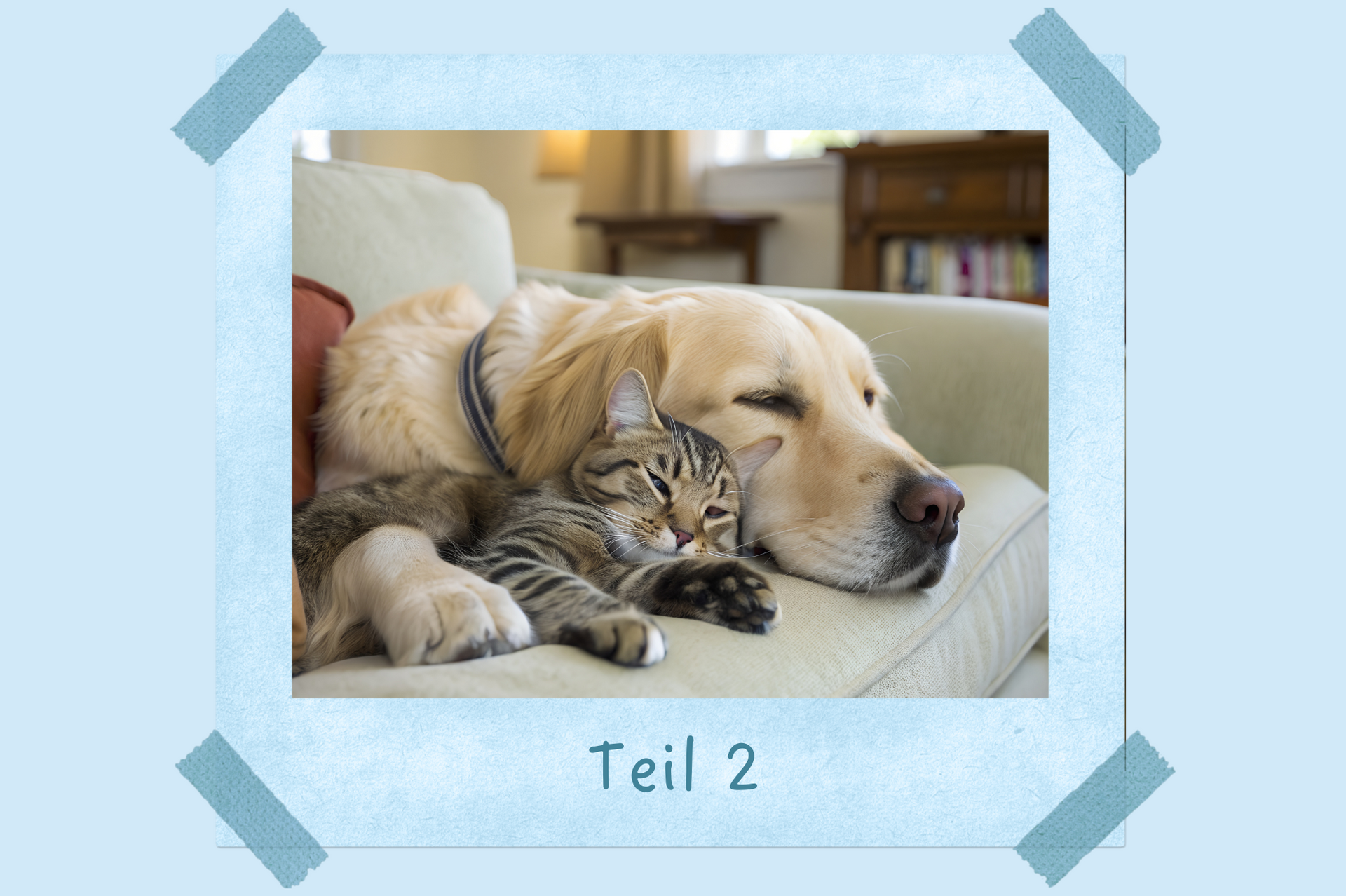 Hund und Katze kuscheln entspannt zusammen auf dem Sofa.