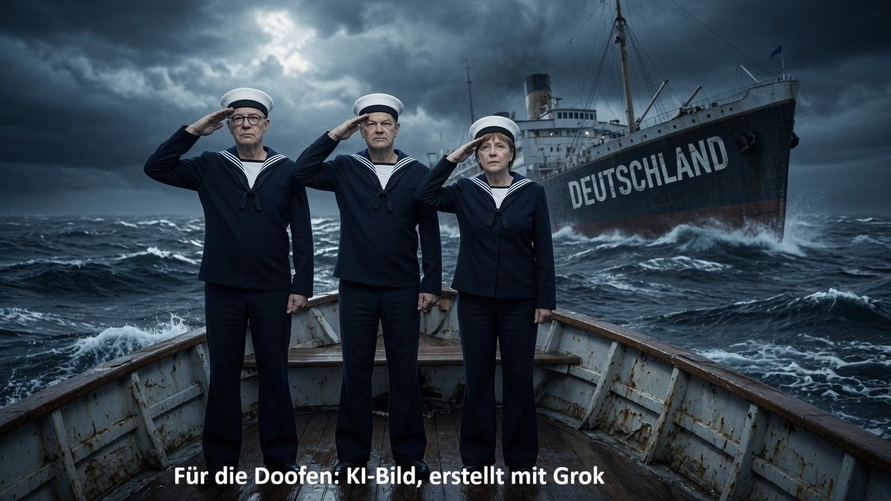 KI-Bild. Die letzten drei Bundeskanzler als Leichtmatrosen vor einem sinkenden Schiff