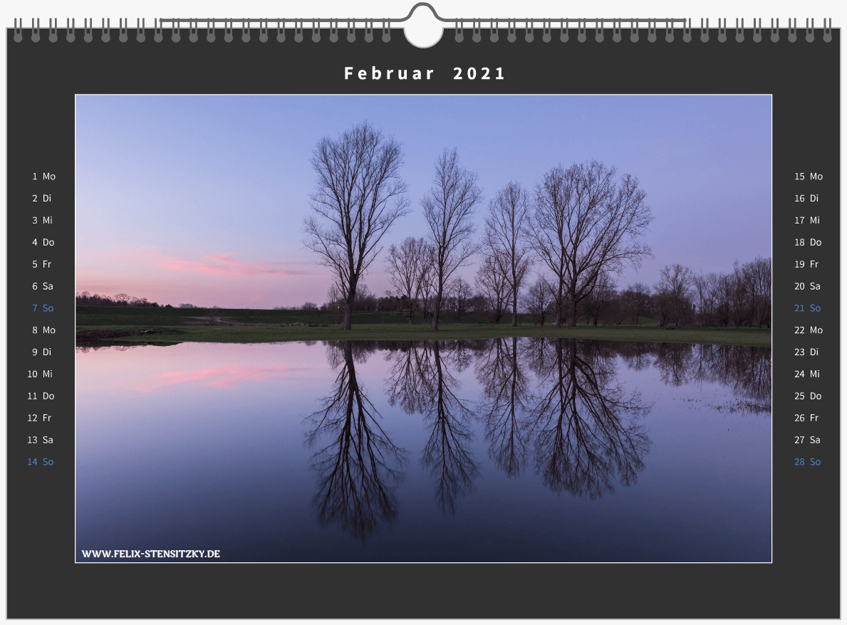 Landschaftsfoto in Kalender 2021 von Bäumen in Auenlandschaft zum Sonnenaufgang