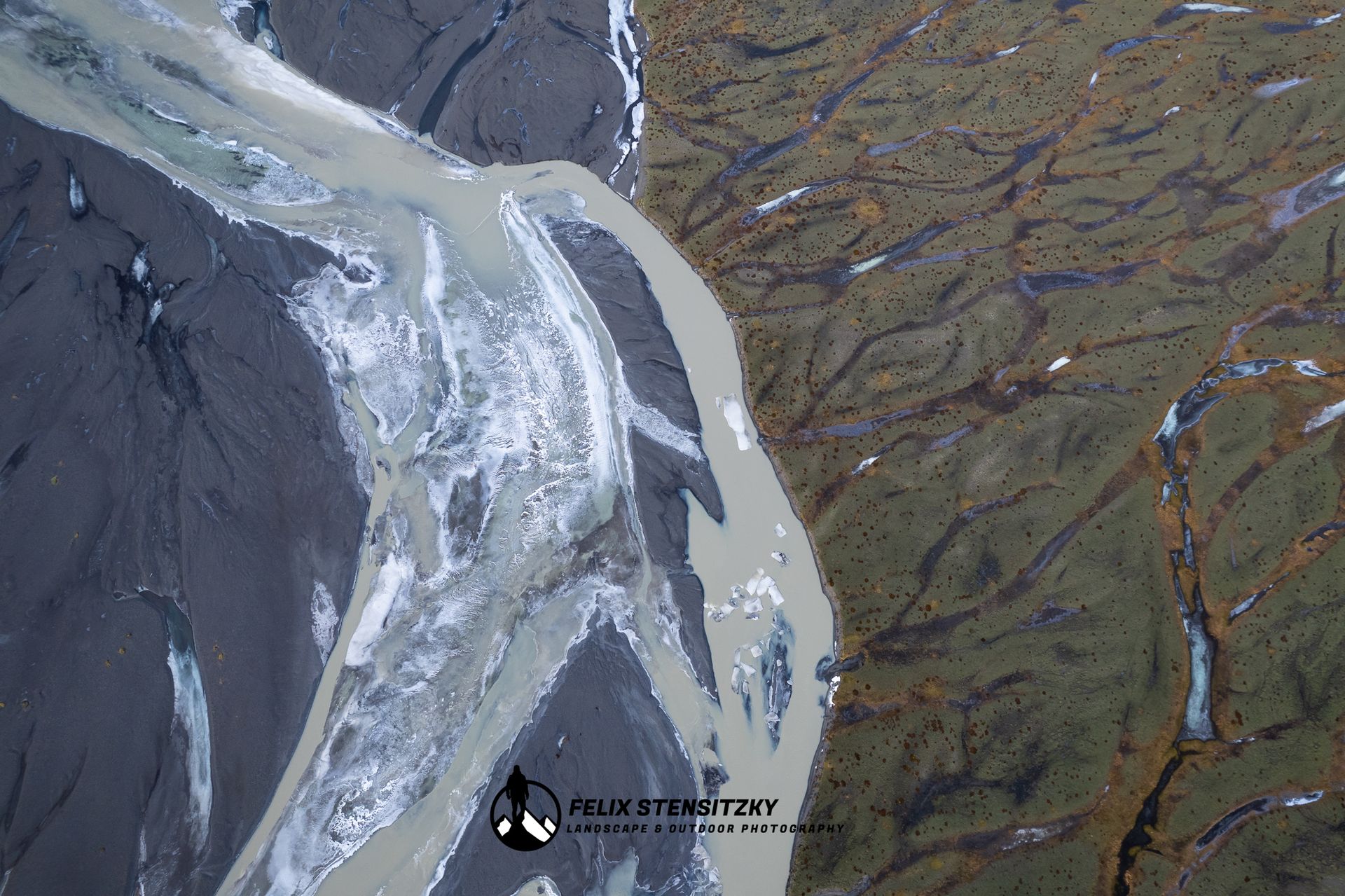 Abstract Aerial photo of a river landscape in iceland during winter