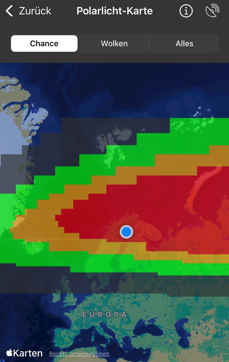 ein screenshot mit einer Karte die Polarlicht Aktivität anzeigt