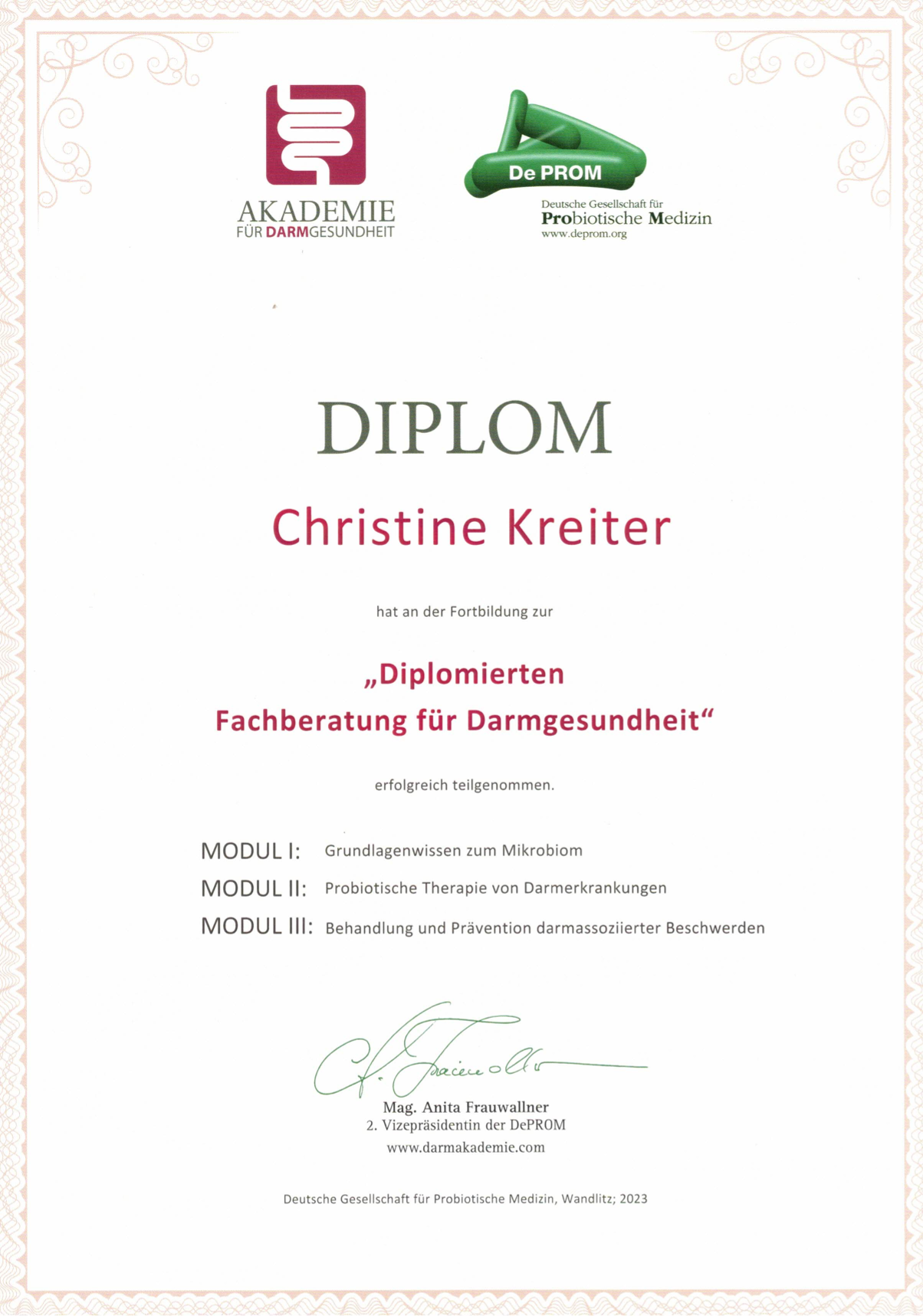 Diplom Fachberaterin für Darmgesundheit - Institut Allergosan - Christine Kreiter