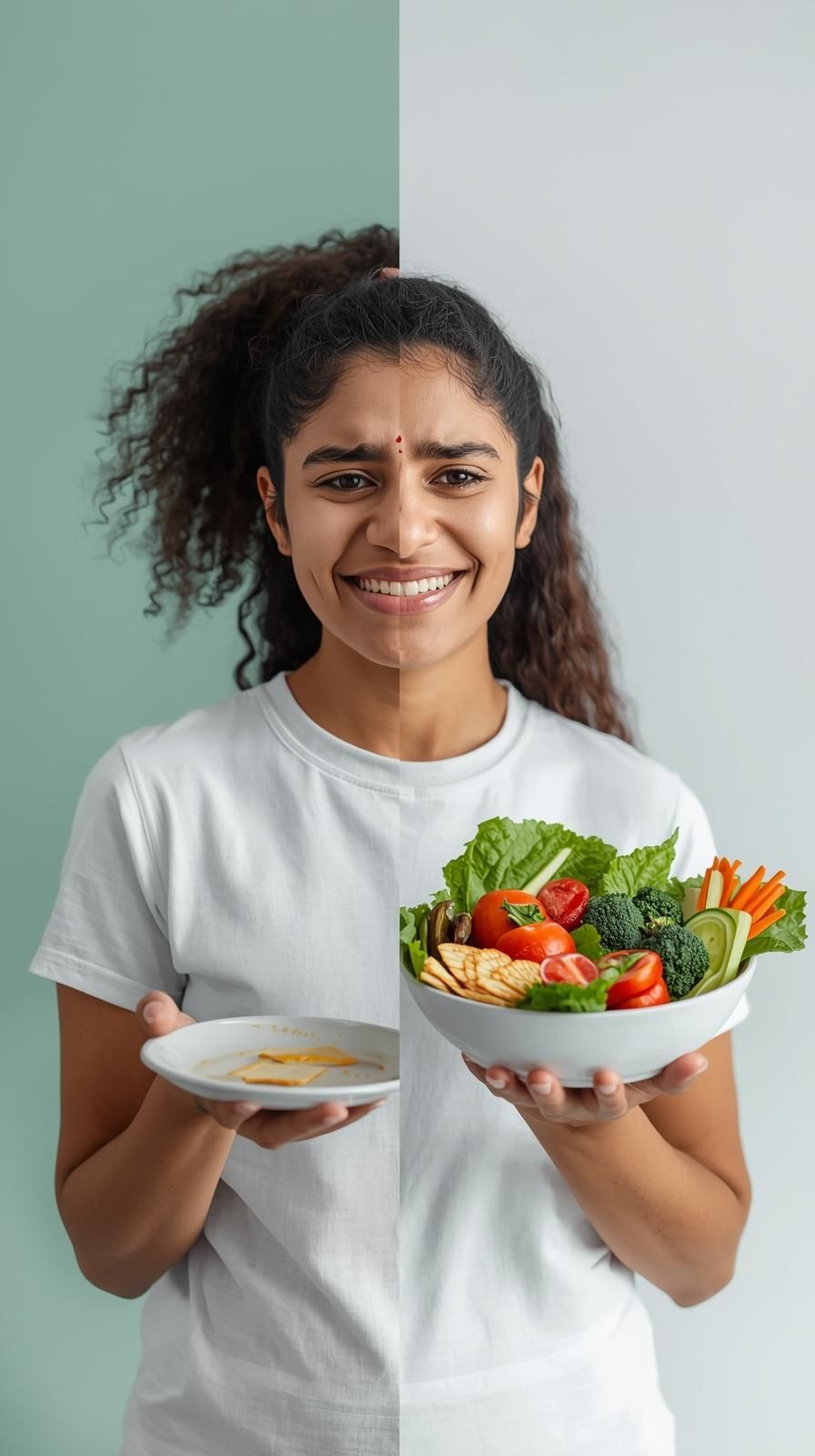 unglückliche Frau, die nichts mehr verträgt und nur noch wenige Nahrungsmittel hat vs. glückliche Frau, die sich gesund ernähren kann