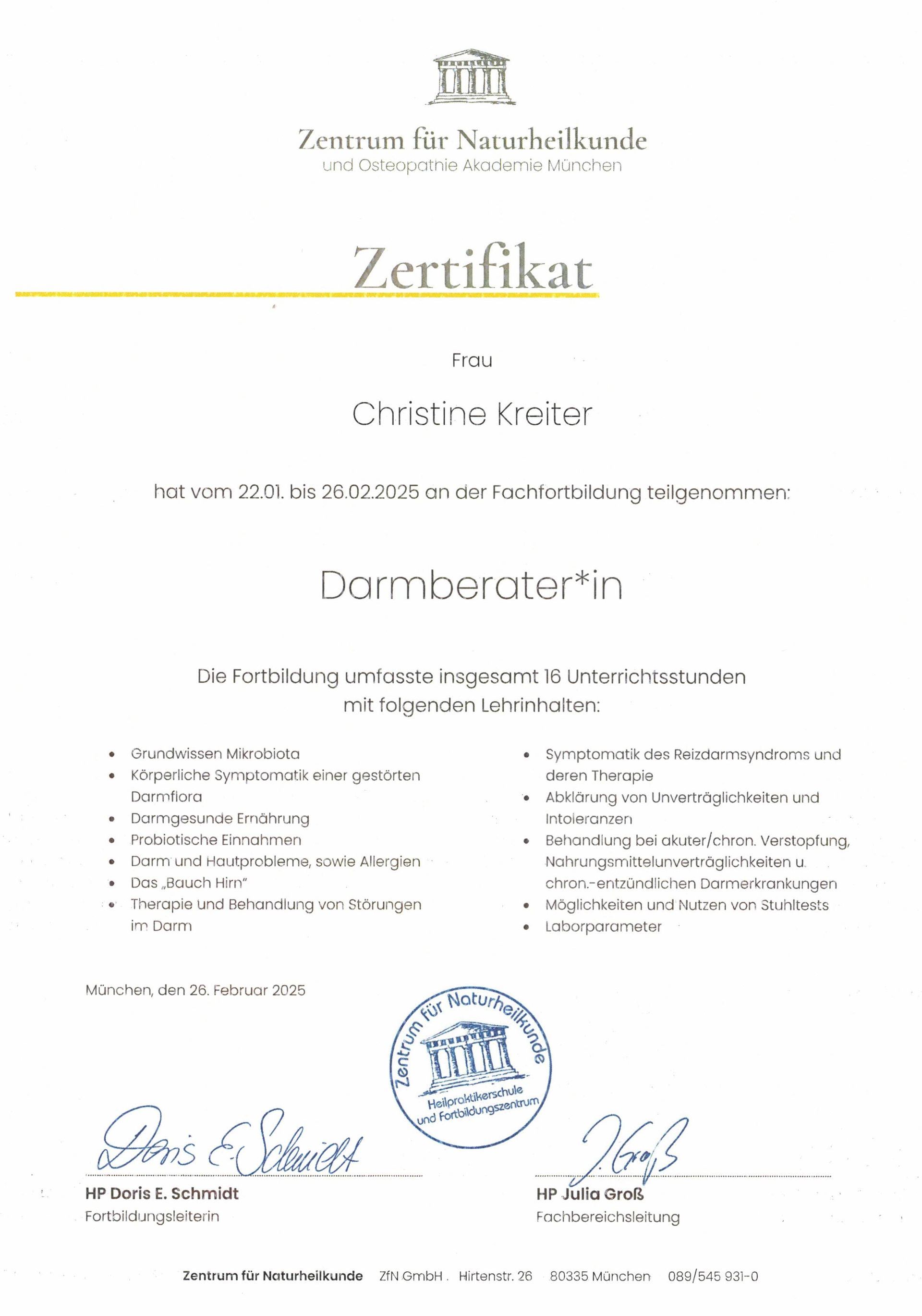 Zertifikat Darmberater*in Zertifikat Darmtberater*in
Zentrum für Naturheilkunde und Osteopathie Akademie München