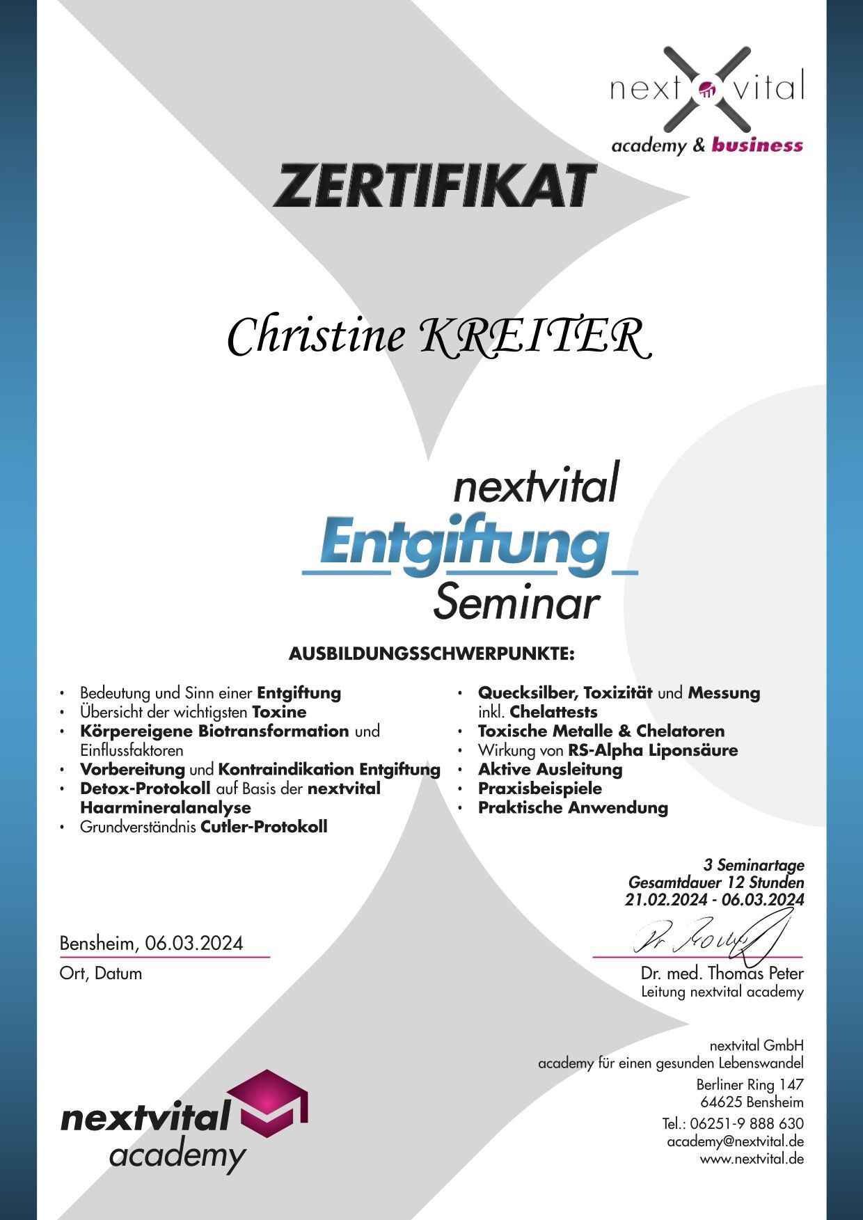 Zertifikat Entgiftung Seminar Zertifikat Entgiftung Seminar
Nextvital Academy