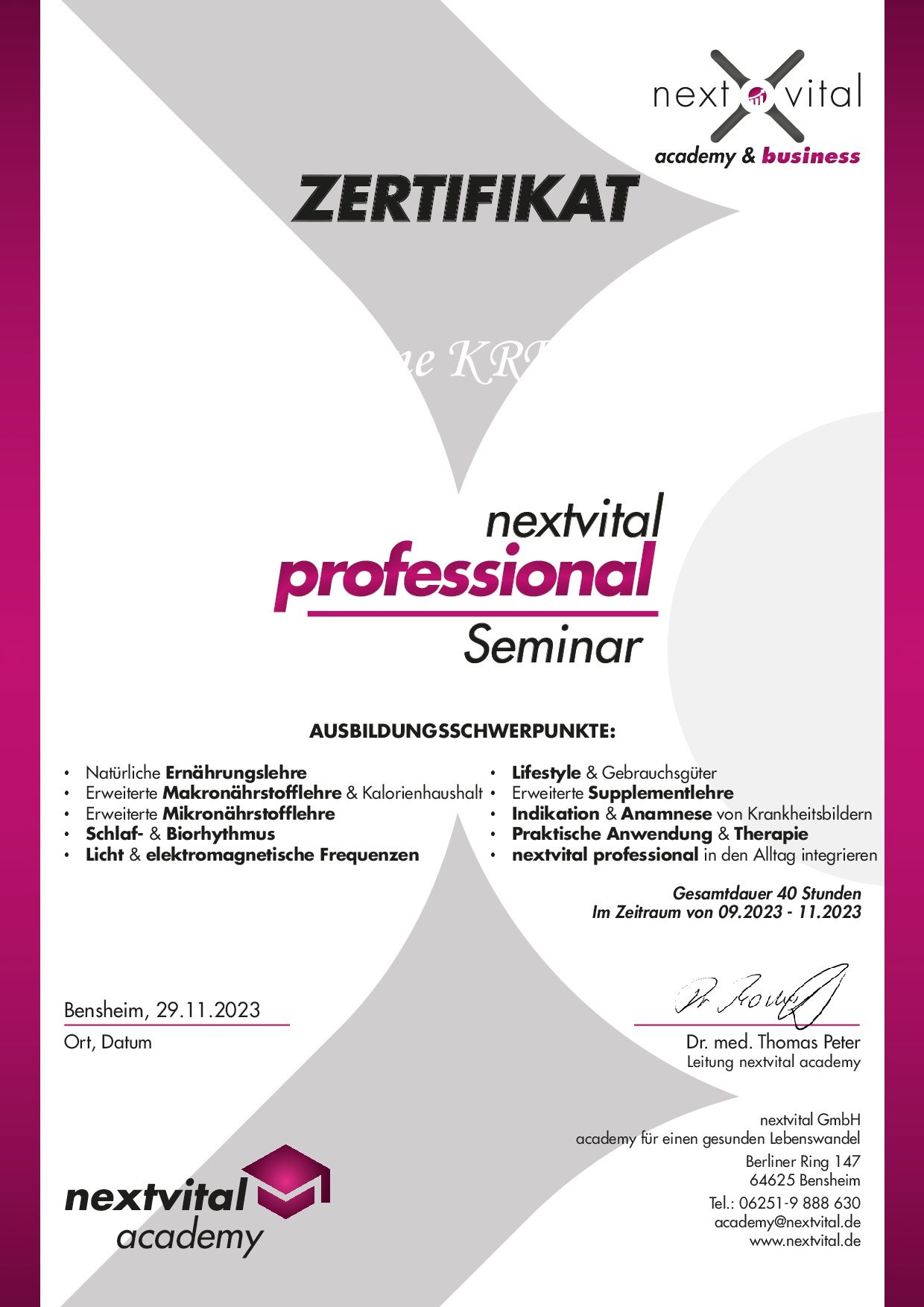 Nextvital Professional Zertifikat Nextvital Professional
Nextvital Academy