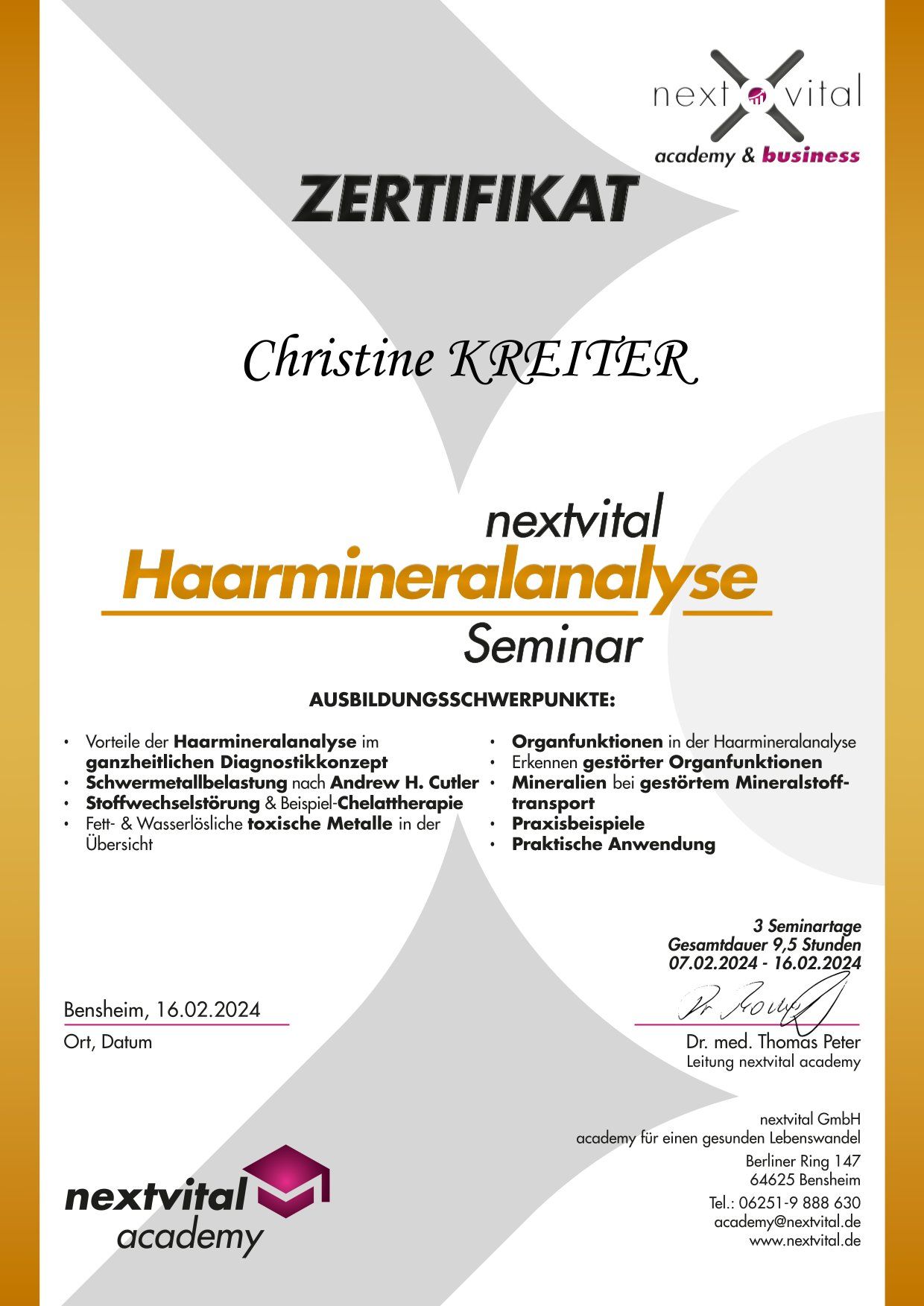 Zertifikat Haarmineralanalyse Zertifikat Haarmineralanalyse
Nextvital Academy