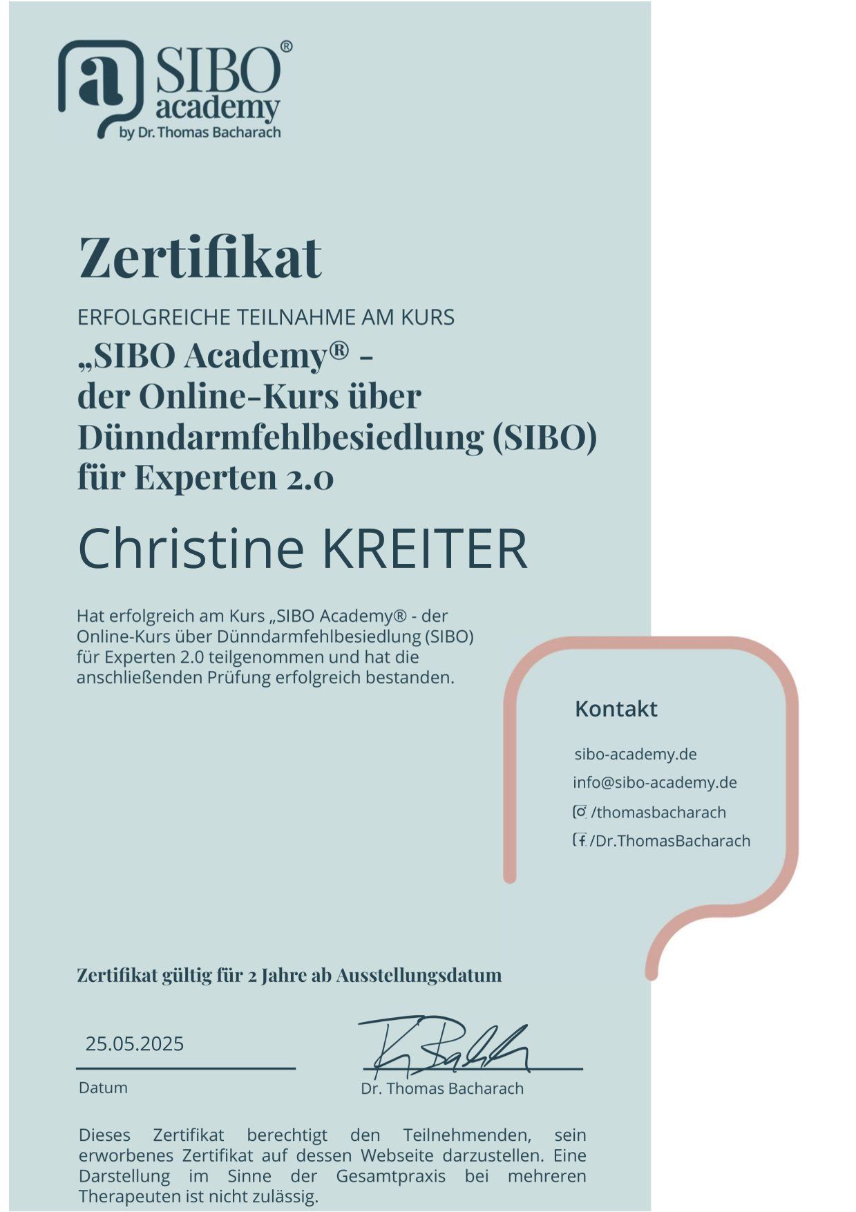 Zertifikat SIBO Academy für Experten SIBO Beratung Augsburg, SIBO Therapie Augsburg, SIBO Ernährungsberatung Augsburg