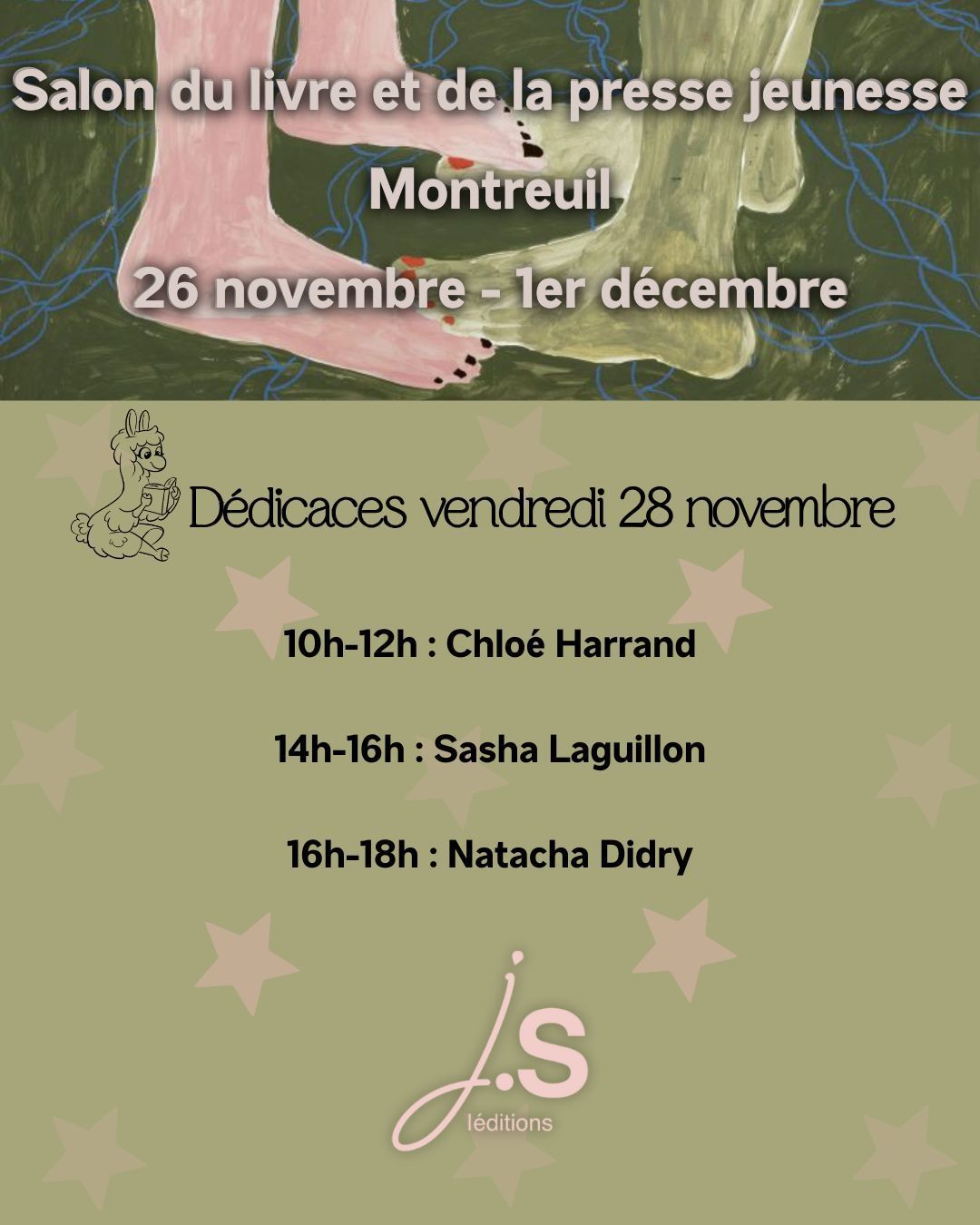 l'affiche du salon du livre et de la presse jeunesse en seine-saint-denis gratuit une peinture avec deux paires de pieds et les mollets visibles d'une personne blanche face à une personne à la peau plus noire
Dessous dédicaces vendredi 28 novembre
10h-12h : Chloé Harrand
14h-16h : Sasha Laguillon
16h-18h : Natacha Didry