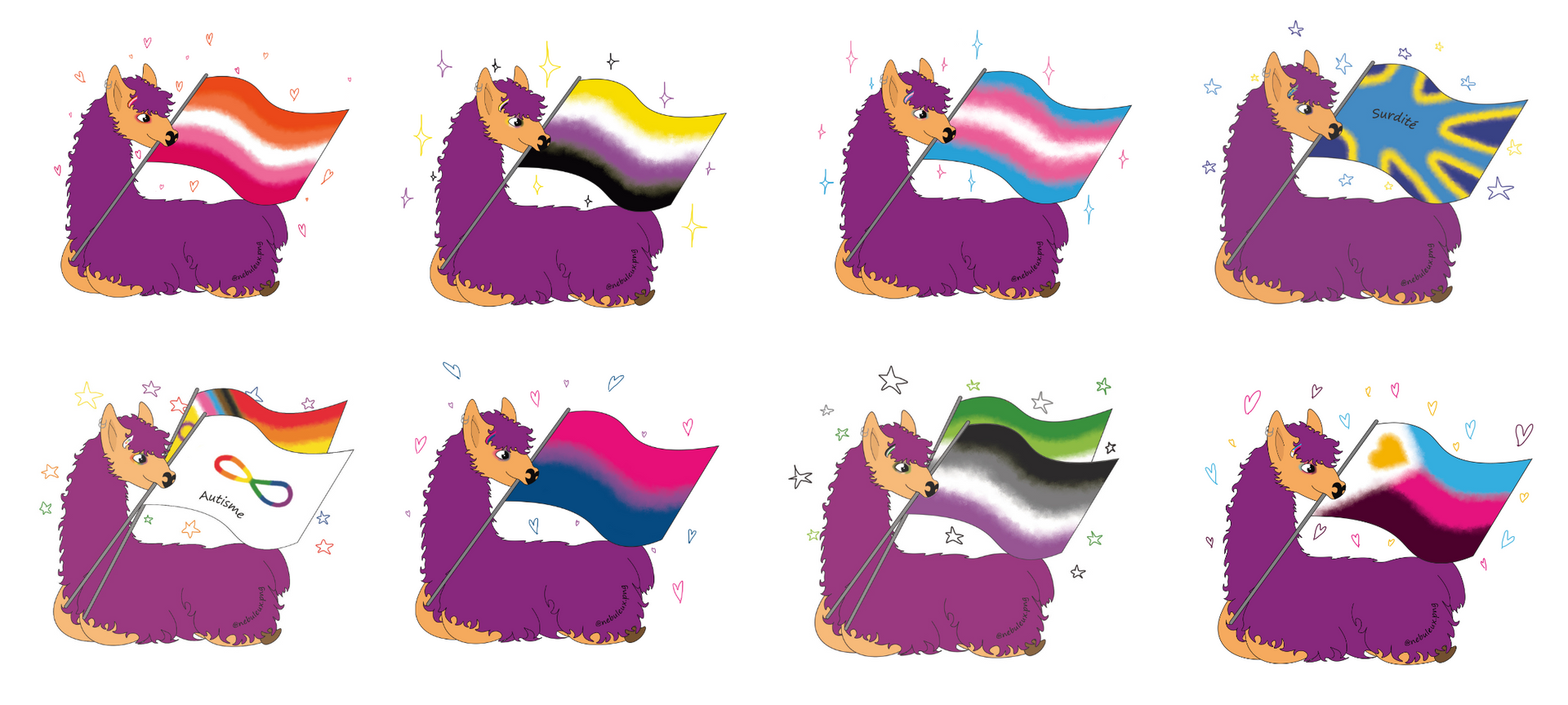 8 exemplaire différent du lama violet tenant des drapeaux. Le premier tient le drapeau lesbien et a des coeurs rose et orange autour de lui. Le deuxième a le drapeau non binaires avec des petites étoiles jaunes et violettes autour de lui. Le troisième, le drapeau trans, avec des étoiles roses et bleu autour de lui. Le quatrième le drapeau de la surdité avec des étoiles bleues et jaunes autour de lui. Le cinquième tient deux drapeau, le drapeau de l'autisme en avant et le drapeau de la pride en arrière, avec des étoiles multicolor autour de lui. Le sixième a le drapeau bi et des coeurs bleu, rose et violet autour de lui. Le septième tient deux drapeaux, le drapeau asexuel en avant et aromantique en arrière, avec des étoiles vertes et violettes autour de lui. Le huitième et dernier tient le drapeau polyamour avec des coeurs rose, jaune et violet autour de lui.