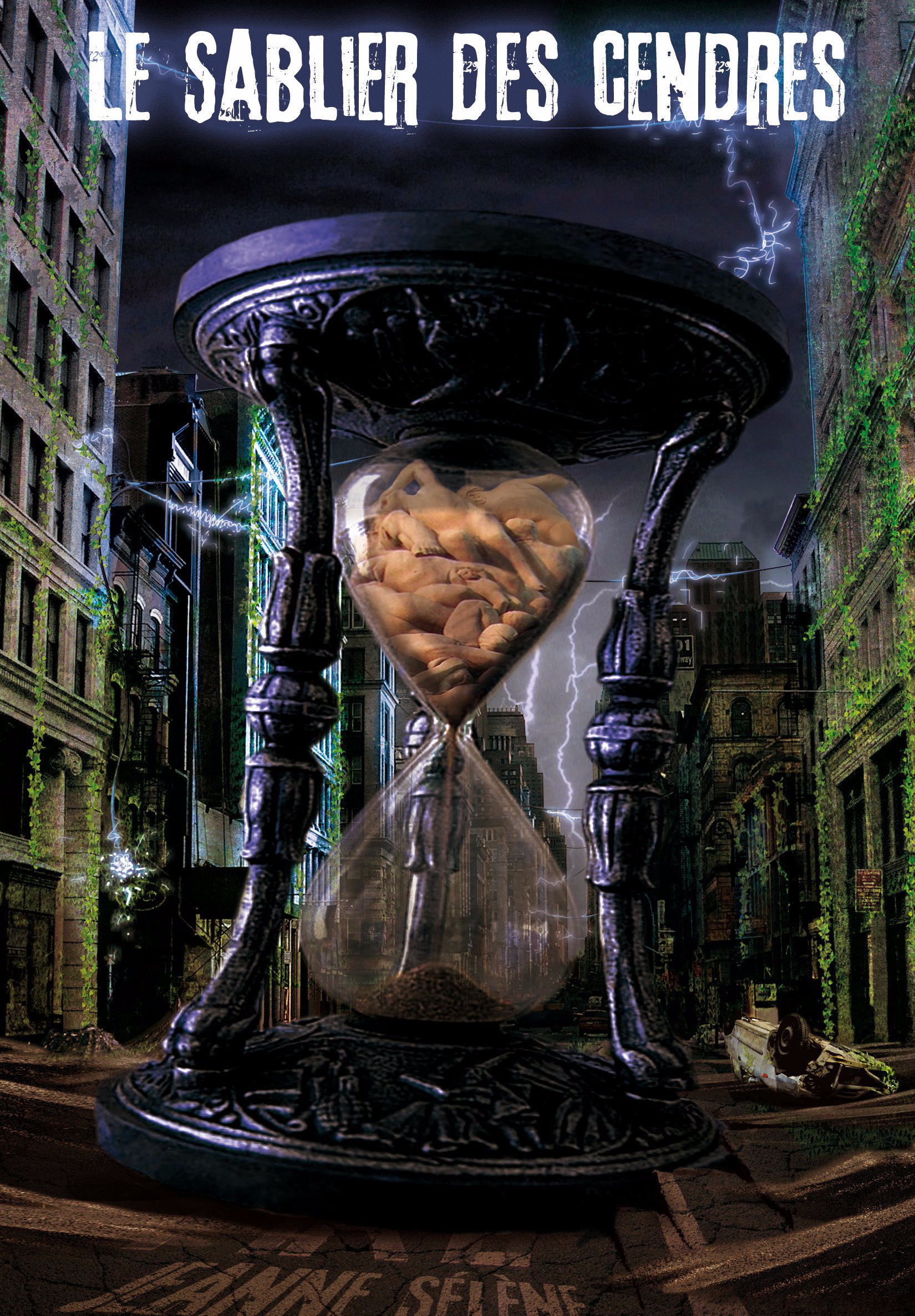 La couverture du thriller fantastico horrifique le sablier des cendres montre une ville en ruine aux hauts immeubles. Dans la rue se tient un immense sablier des corps nus remplissent le bulbe du haut et s'écoulent en cendres dans celui du bas.