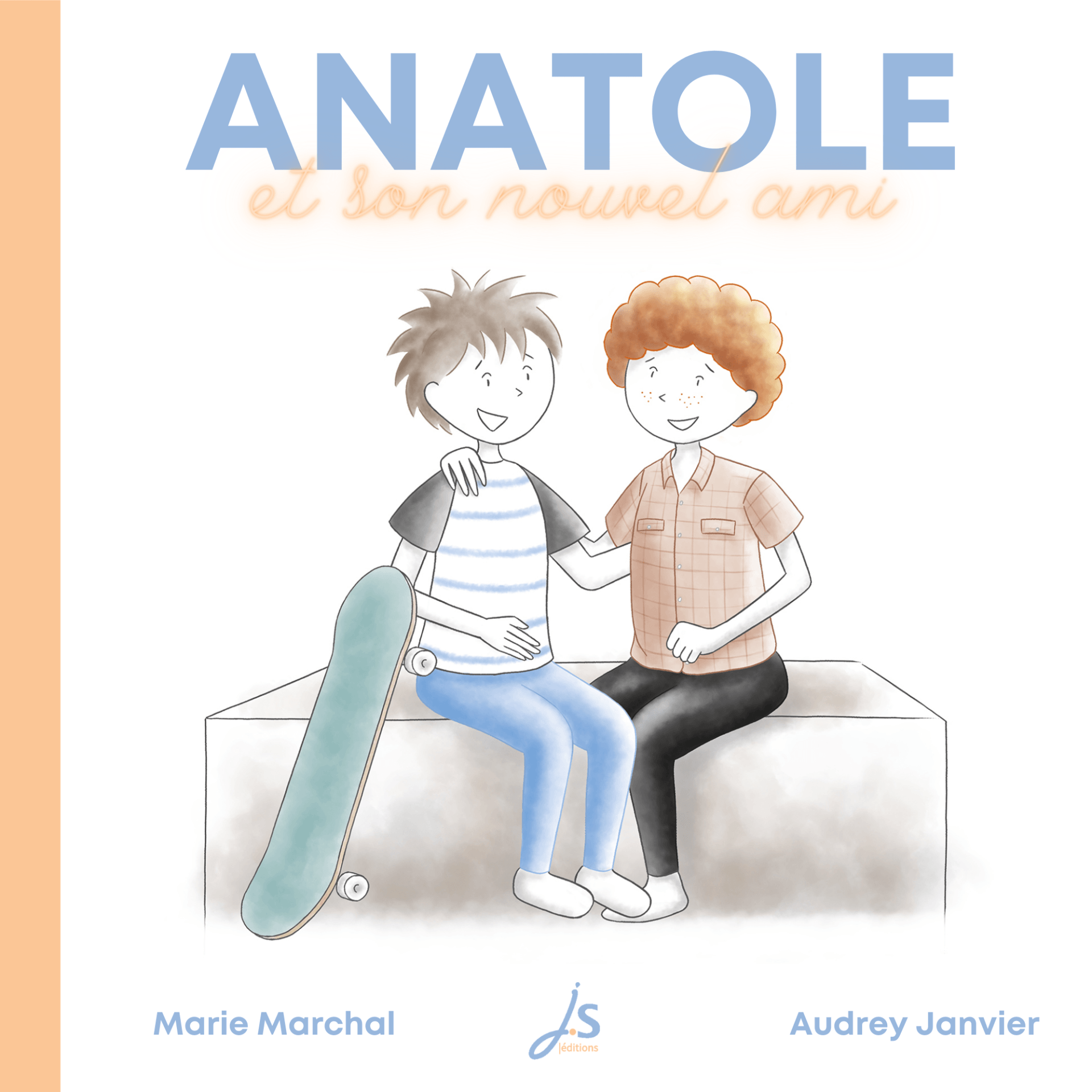 Sur la couverture, Anatol est assis à côté de son ami Arthur, un garçon roux aux cheveux courts bouclés. Anatole tient un skate board. Arthur est amputé d'une jambe.