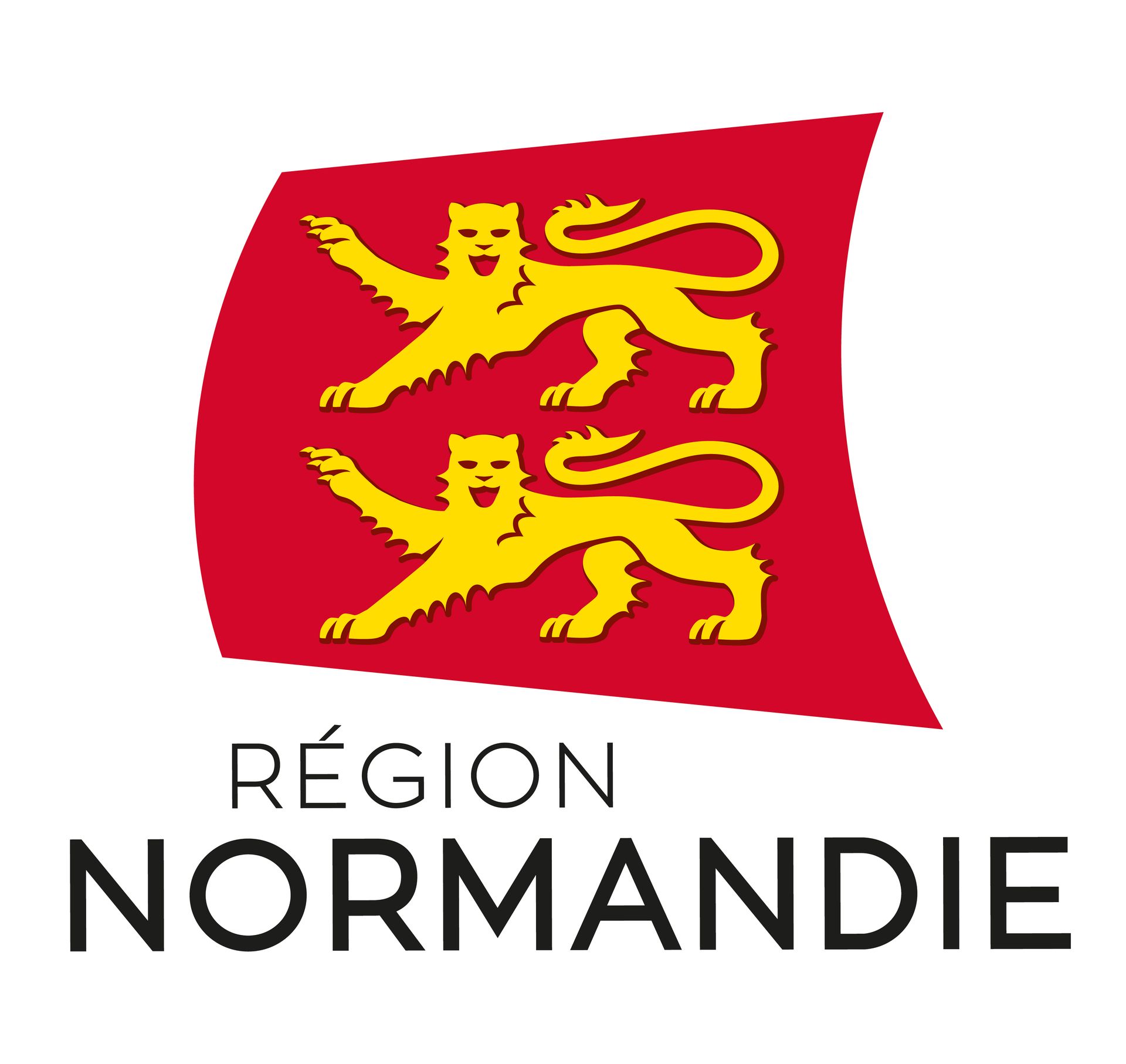 Région normandie, le logo qui est un drapeau rouge avec 2 lions jaunes l'un au dessous de l'autre