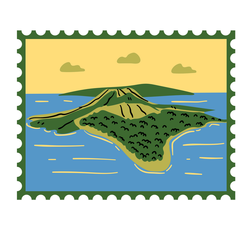 Illustration d'une ile verdoyante dans un timbre postal.