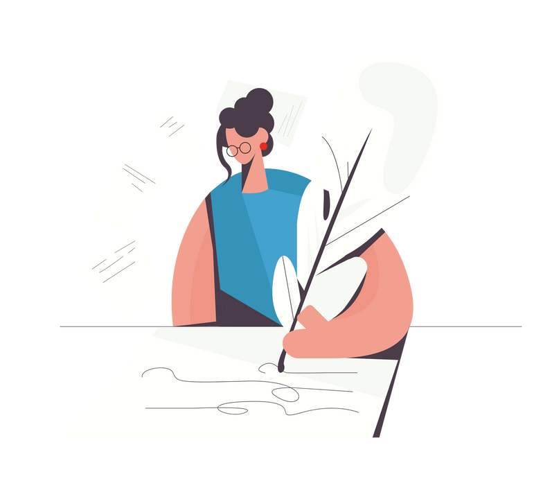 Écrire une romance lesbienne Illustration d'une jeune femme tenant une plume et écrivant des lignes, sûrement une romance lesbienne