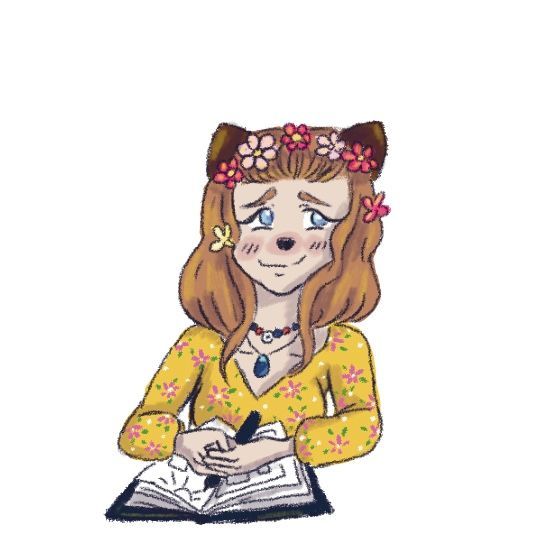 Avatar dessiné de l'illustratrice Avela sous la forme d'un humain-chat aux cheveux châtains longs ornés de fleurs. Elle tient un carnet à dessin et un crayon L'illustratrice Avela