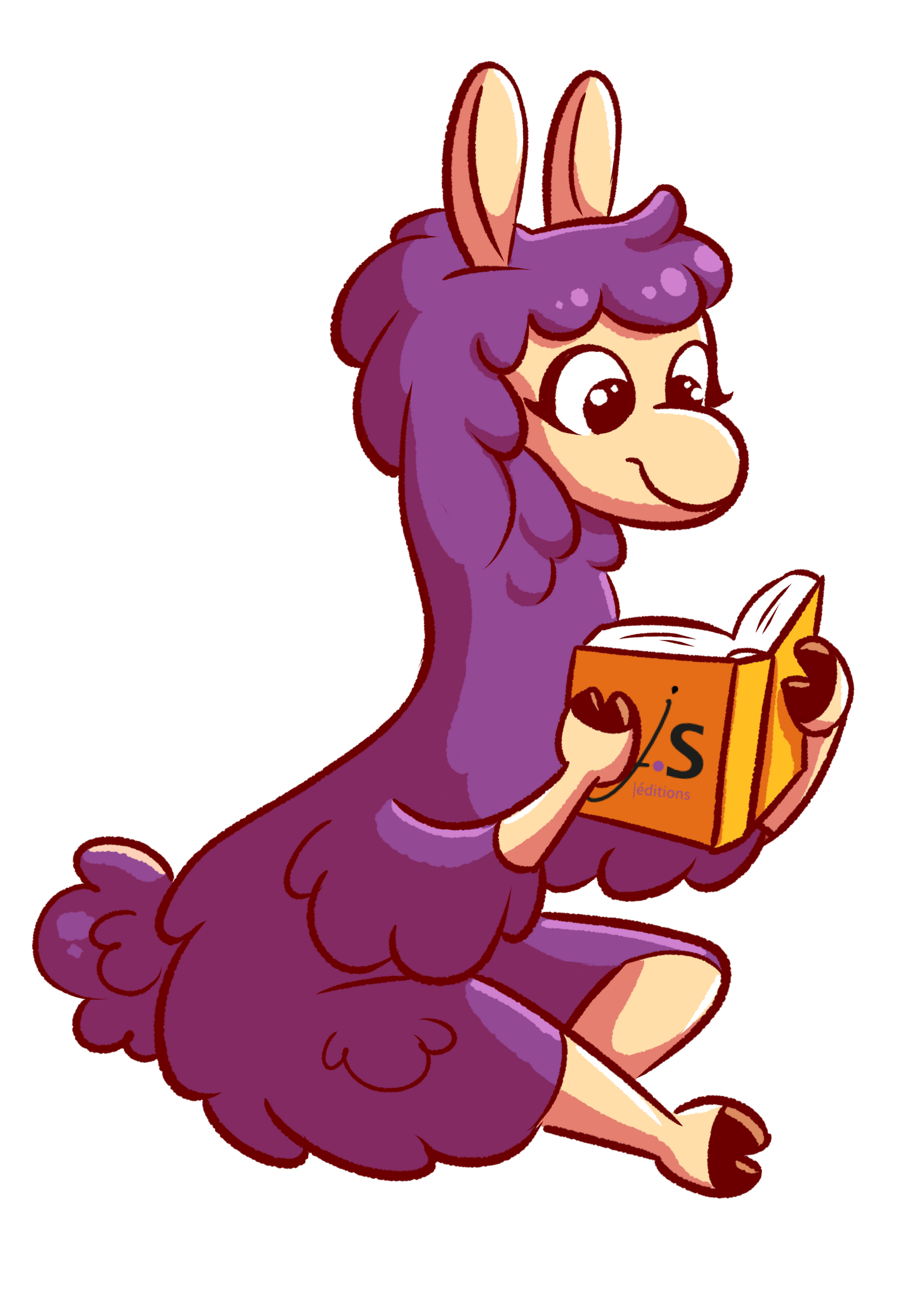Le visuel de la mascotte Barbouille, le lama, assis en train de lire un livre. Par Christelle Ponche