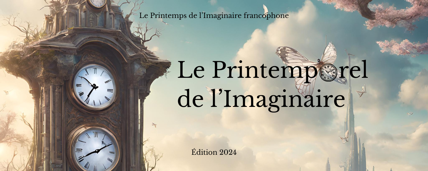 Visuel du challenge de lecture le printemporel de l'imaginaire. Une horloge à plusieurs cadrans.