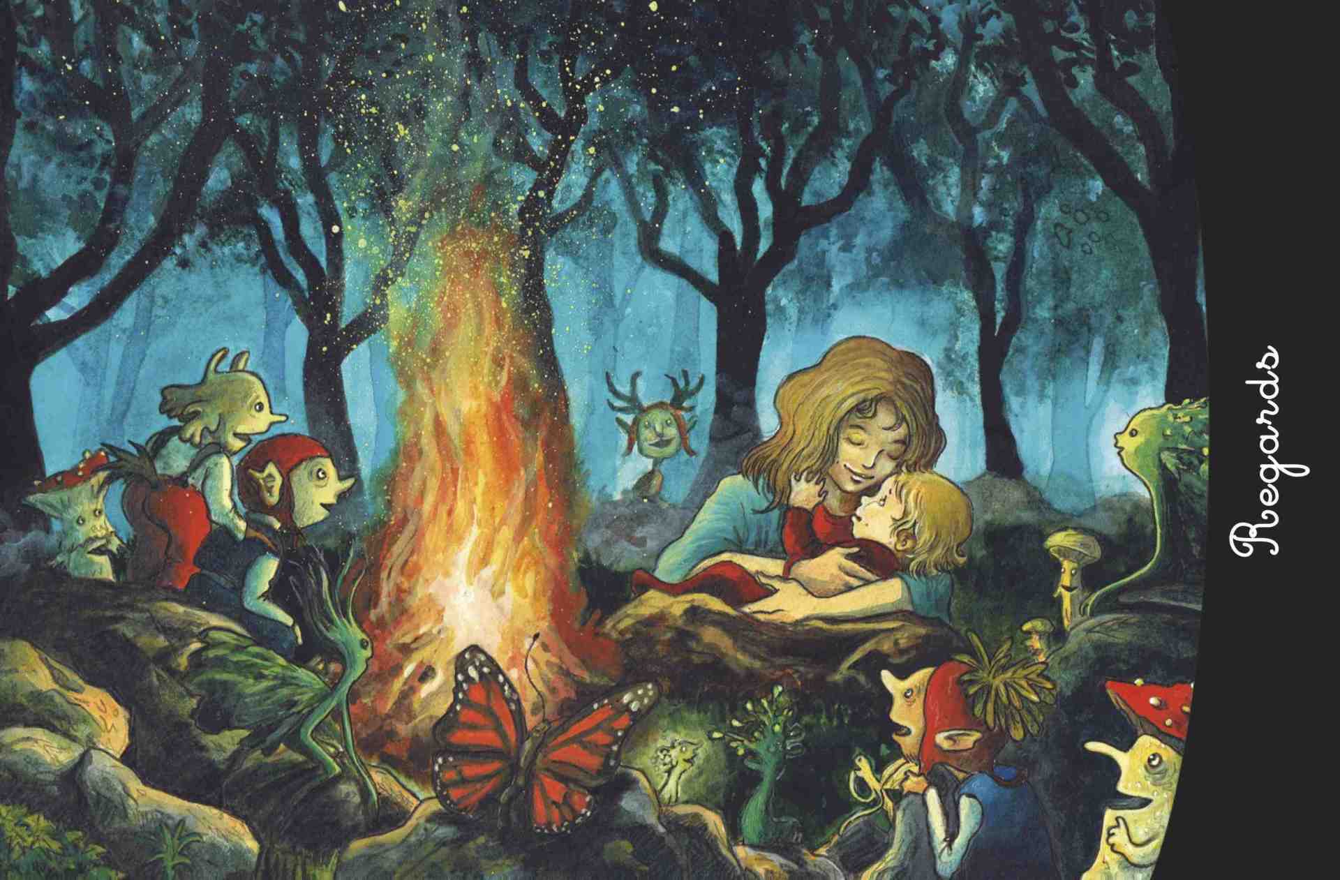La couverture de l'album Regard est une peinture représentant une femme et son enfant auprès d'un feu en pleine forêt de nuit. Autour d'eux sont visibles des membres du petit peuple : lutins, fées, champignons vivants… Ainsi qu'un grand papillon. Le titre Regard est écrit sur une bande noire à droite de l'image.