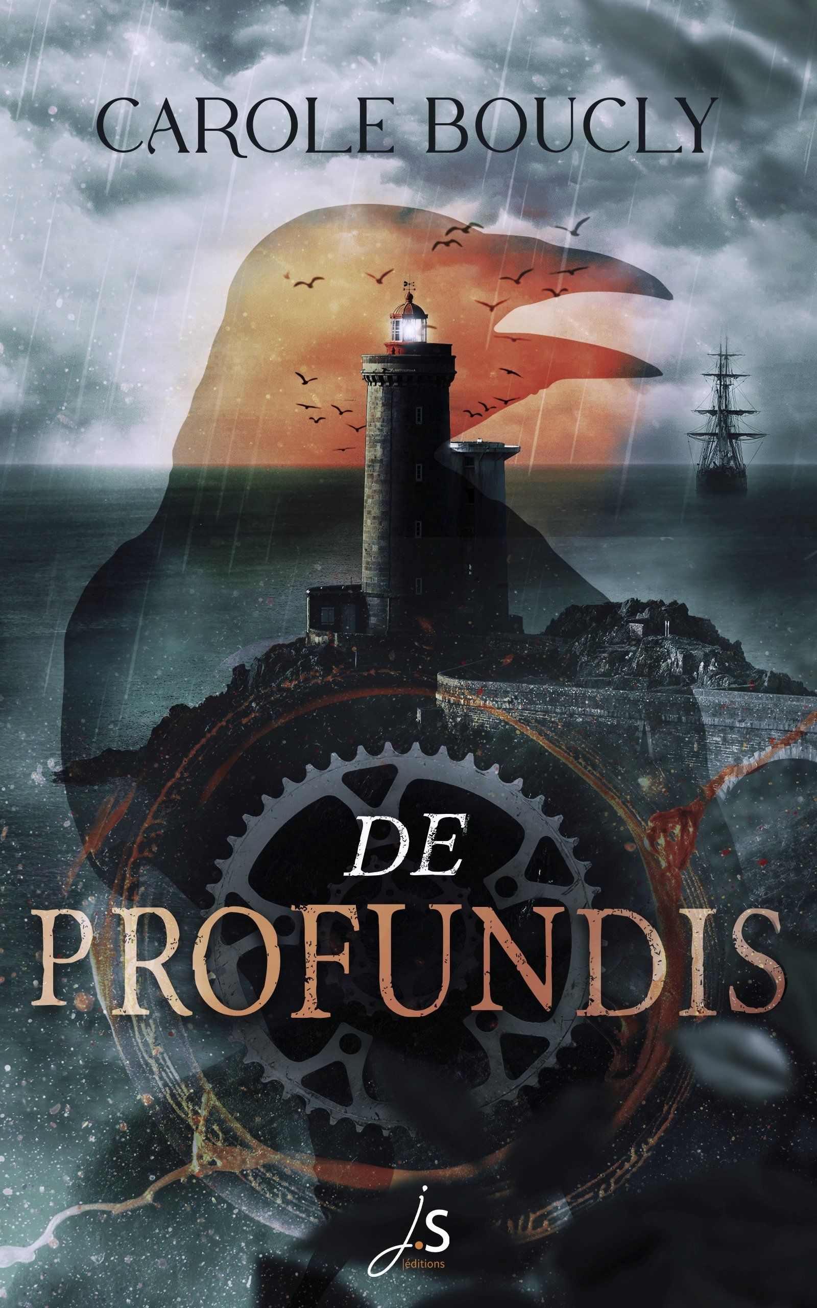 La couverture du thriller De profundis montre un phare breton dans une ambiance orageuse. Une silhouette de corbeau se superpose à la scène. En arrière plan on devine un voilier historique. Le titre est écrit sur un engrenage d'horloge