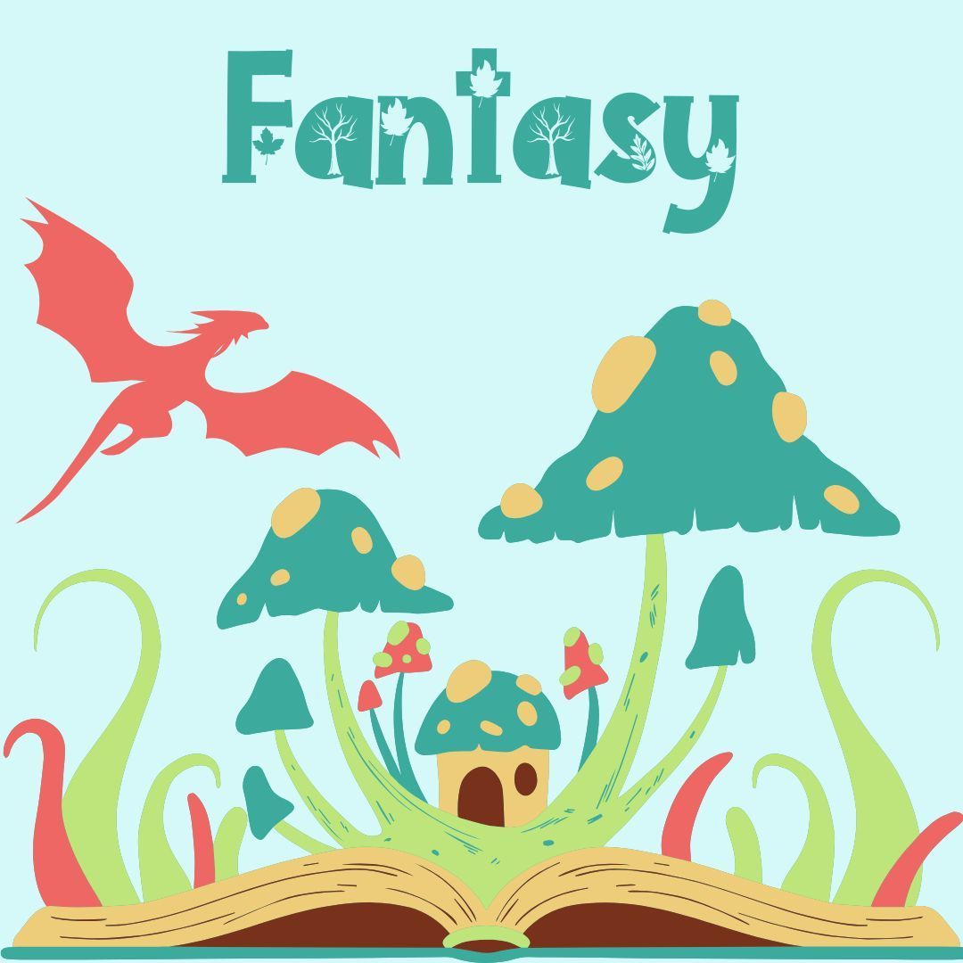 Un livre ouvert d'où sortent des champignons et une maison sur un fond bleu et un dragon orangé.