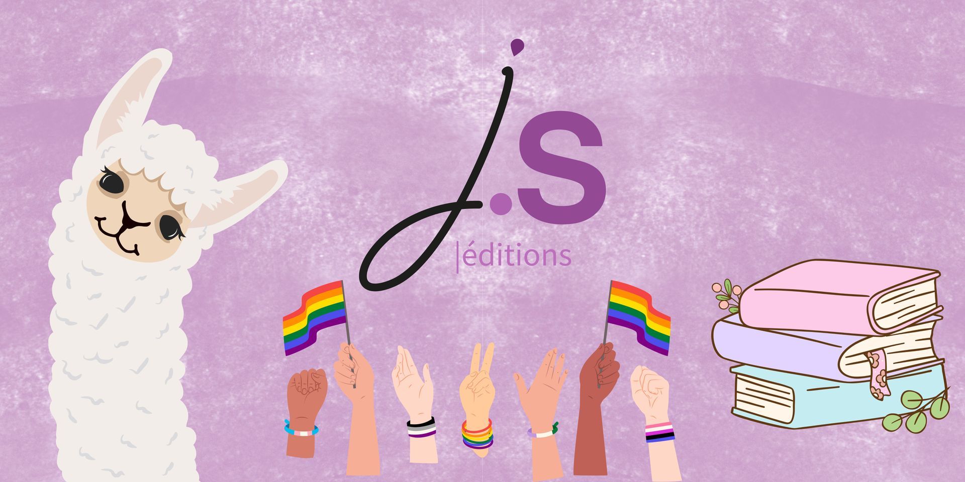 L’image de présentation de l’article a un fond violet texturé. Au centre, on voit le logo de JS édition avec un “j” manuscrit noir et un “s” typographié violet. En plus petit, il y a écrit “éditions” en violet clair. A droite du logo, il y a une tête de lama à la fourrure blanche. Sous le logo, il y a des mains de différentes couleurs et des drapeaux arcs-en-ciel, aux couleurs LGBT. A gauche, il y a une pile de livres.