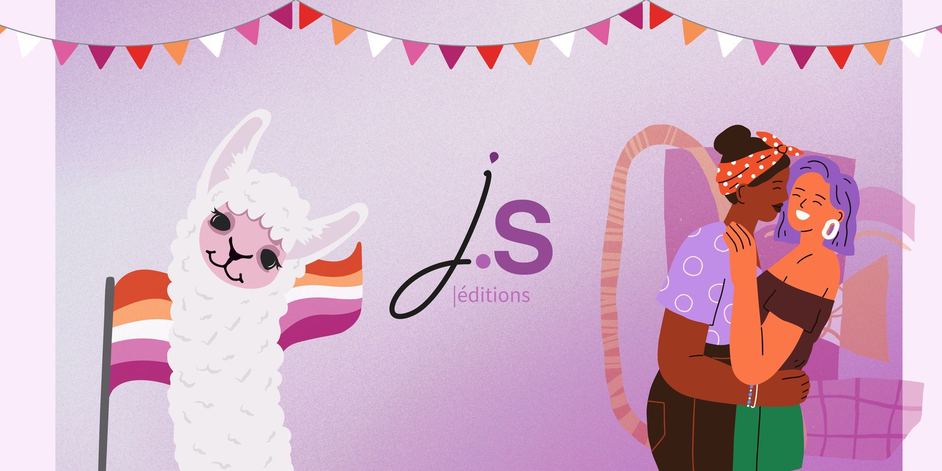 Illustrations d'un lama devant un drapeau lesbien, de deux femmes et du logo de JS Editions.