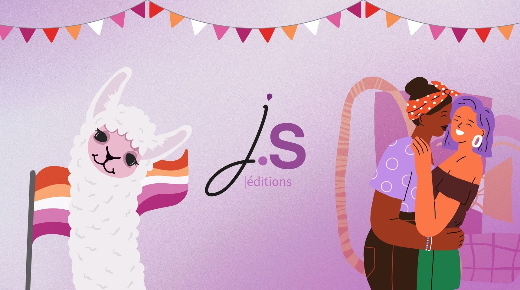 Illustrations d'un lama devant un drapeau lesbien à gauche, de deux femmes enlacées et du logo de JS Editions au centre, le tout sur un fond violet