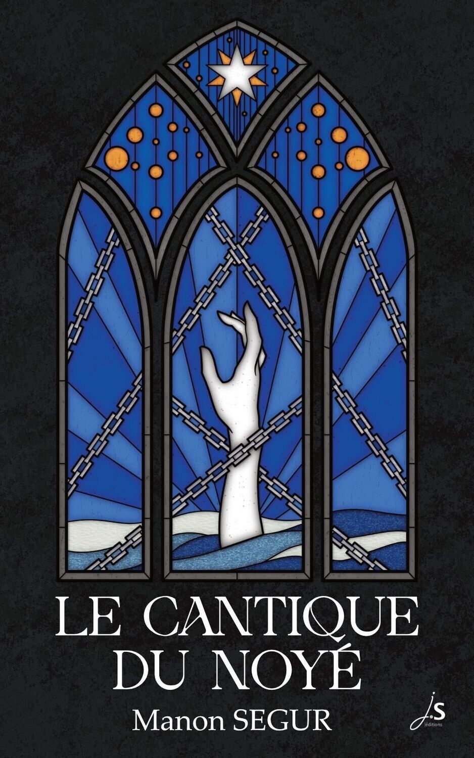 Une romance lesbienne dans un thriller gothique Une romance lesbienne dans un thriller gothique La couverture se présente sur un fond noir à l'aspect marbré. En bas sur deux lignes, on lit le titre en majuscules avec serif Le Cantique du noyé. En dessous en casse basse le nom de l'autrice Manon puis en majuscules SEGUR. À droite dans l'angle en blanc, le logo de JS ÉDITIONS. Au dessus du texte et prenant tout l'espace restant, un vitrail dans des tons bleus en arc-brisé séparé en 3 panneaux verticaux dans la partie basse et 3 panneaux en losange dans la partie haute. En bas au centre, un bras de femme blanc émergeant des flots. Sur les 3 panneaux, des chaînes en métal. Sur la partie haute, des ronds jaunes symbolisant une pluie d'étoiles et sur le losange central en haut, une double étoile blanche sur jaune chacune à 5 branches.