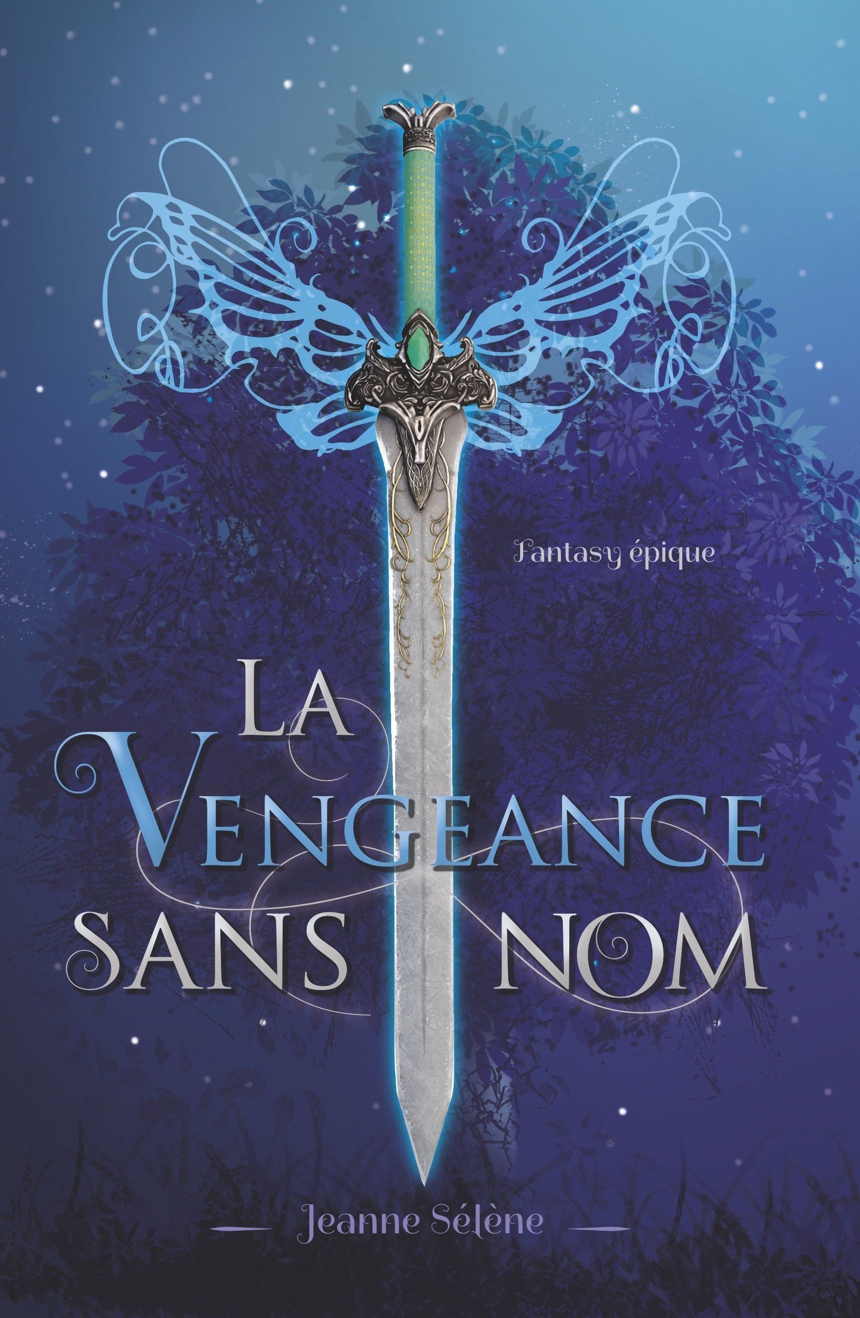 La couverture de la vengeance sans nom est bleue avec une silhouette d'arbre et une épée.