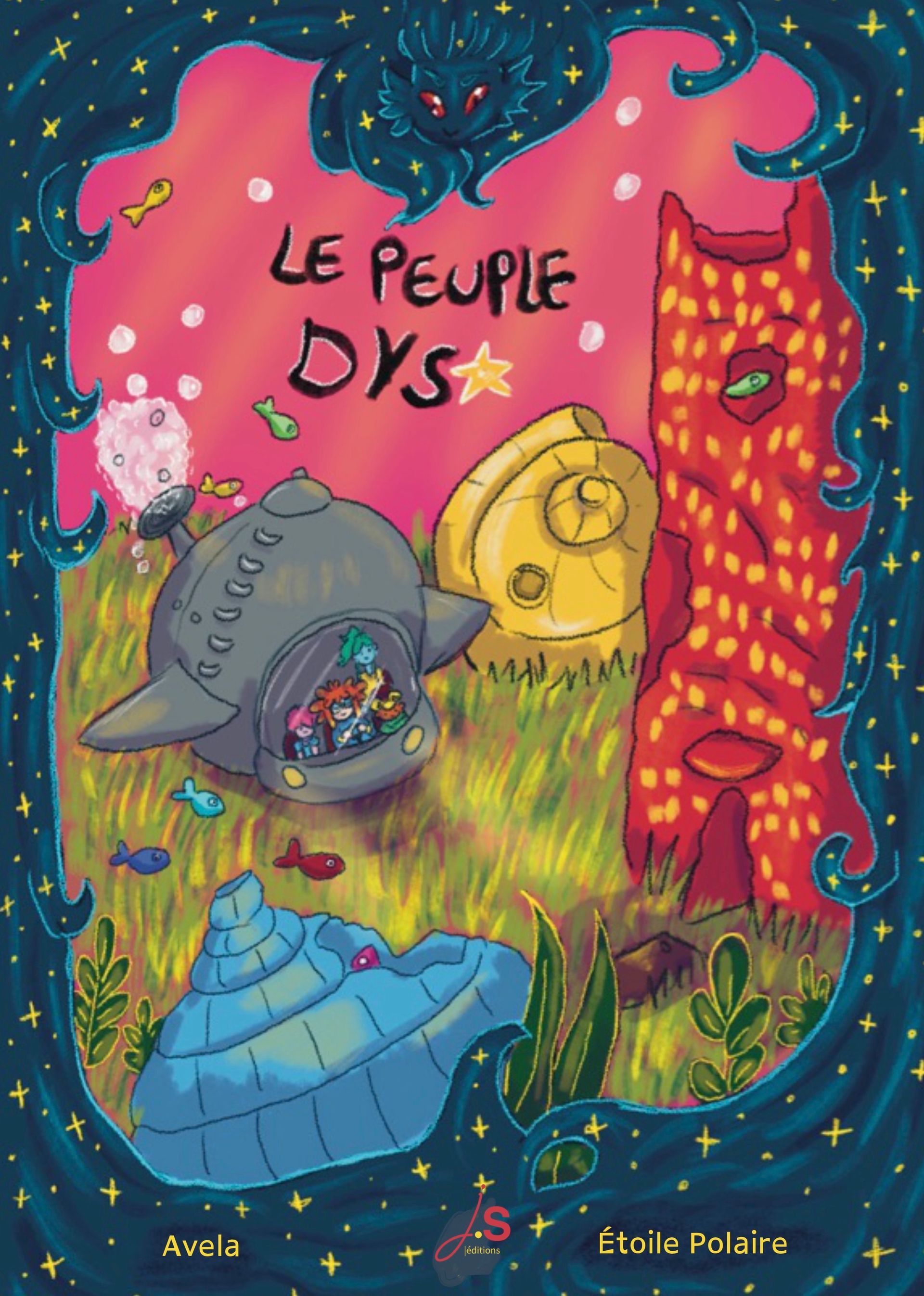 Couverture de la BD le peuple dys d'Avela et Autrice Étoile Polaire. Dans un cadre étoilé, une illustration des 4 personnages principaux dans un sous-marin. Décor sous-marin coloré avec des maisons en ruines.
