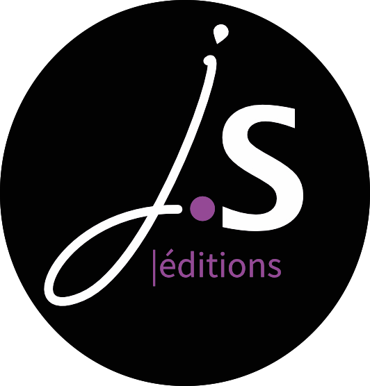 logo de JS ÉDITIONS Un J en écriture manuscrite blanc sur fond noir un point violet puis un S en majuscule sans serif. En dessous une petite barre verticale violette suivi du mot éditions au pluriel en violet en script sans serif. le fond est un rond noir