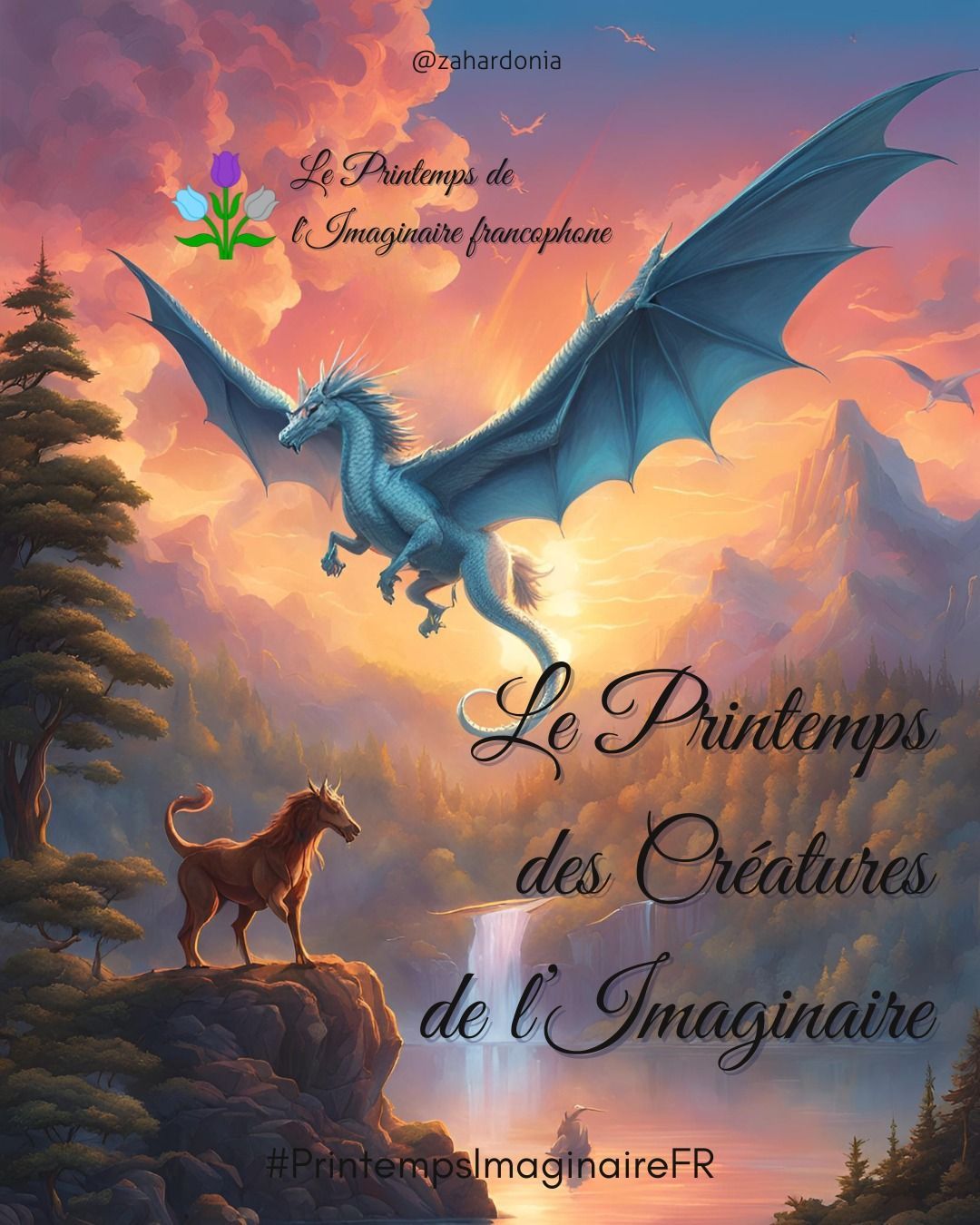 Une chimère et un dragon dans un paysage féérique avec forêt et montagnes. Titre Le printemps des créatures de l'imaginaire Mention @zahardonia Logo 3 tulipes : une turquoise une violette et une grise. Le Printemps de l'imaginaire francophone. En bas le hashtag #PrintempsImaginaireFR