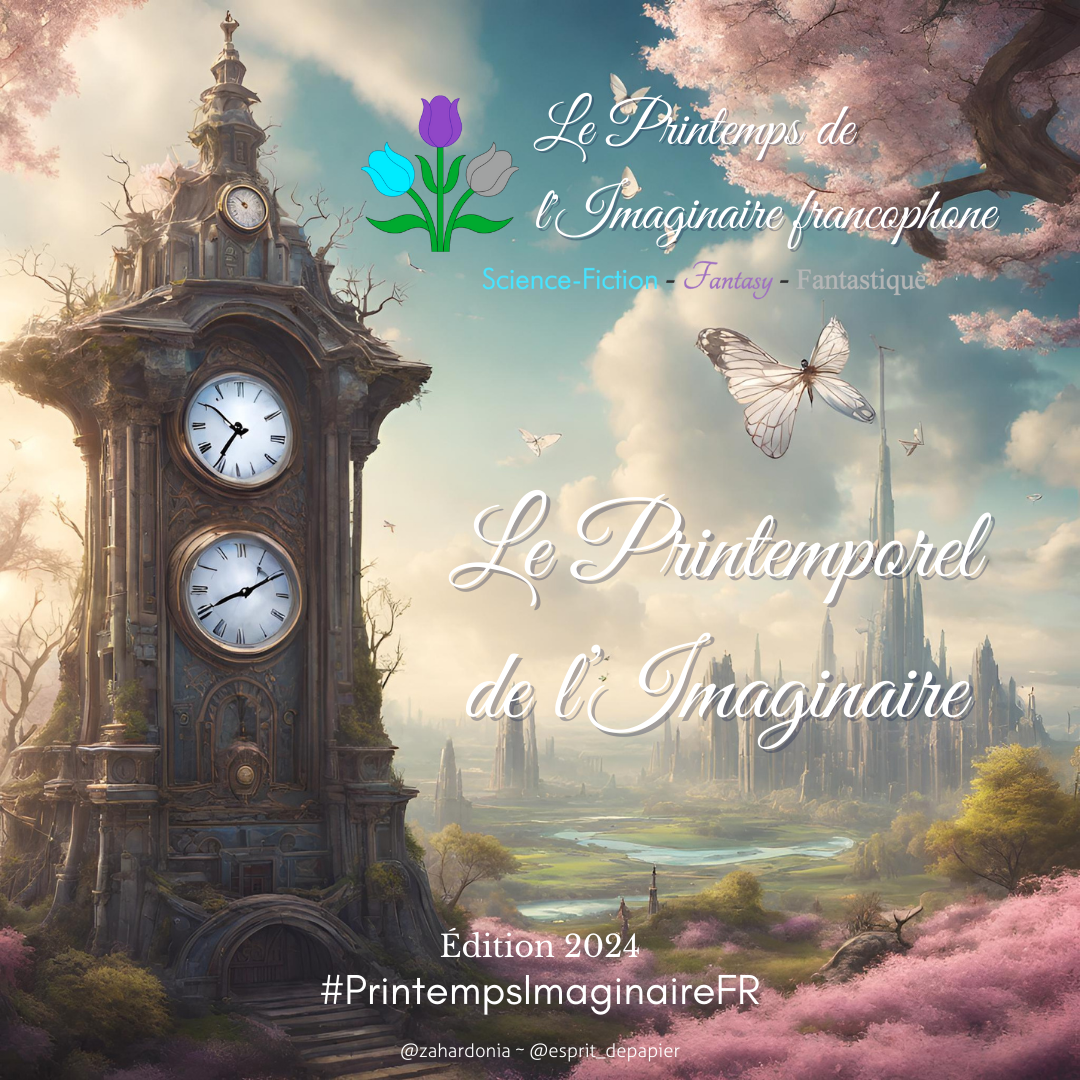 Visuel du PIF 2024 Visuel du challenge de lecture très imaginaire avec une horloge ancienne à plusieurs cadrans et végétalisée à gauche au premier plan et une cité futuriste en arrière-plan à droite. Texte : Le printemps de l'imaginaire francophone science-fiction, fantasy, fantastique. Le printemporel de l'imaginaire. Éditions 2024. #printempsImaginaireFR @zahardonia @esprit_depapier
Sur les angles à droite des cerisiers roses en fleurs
