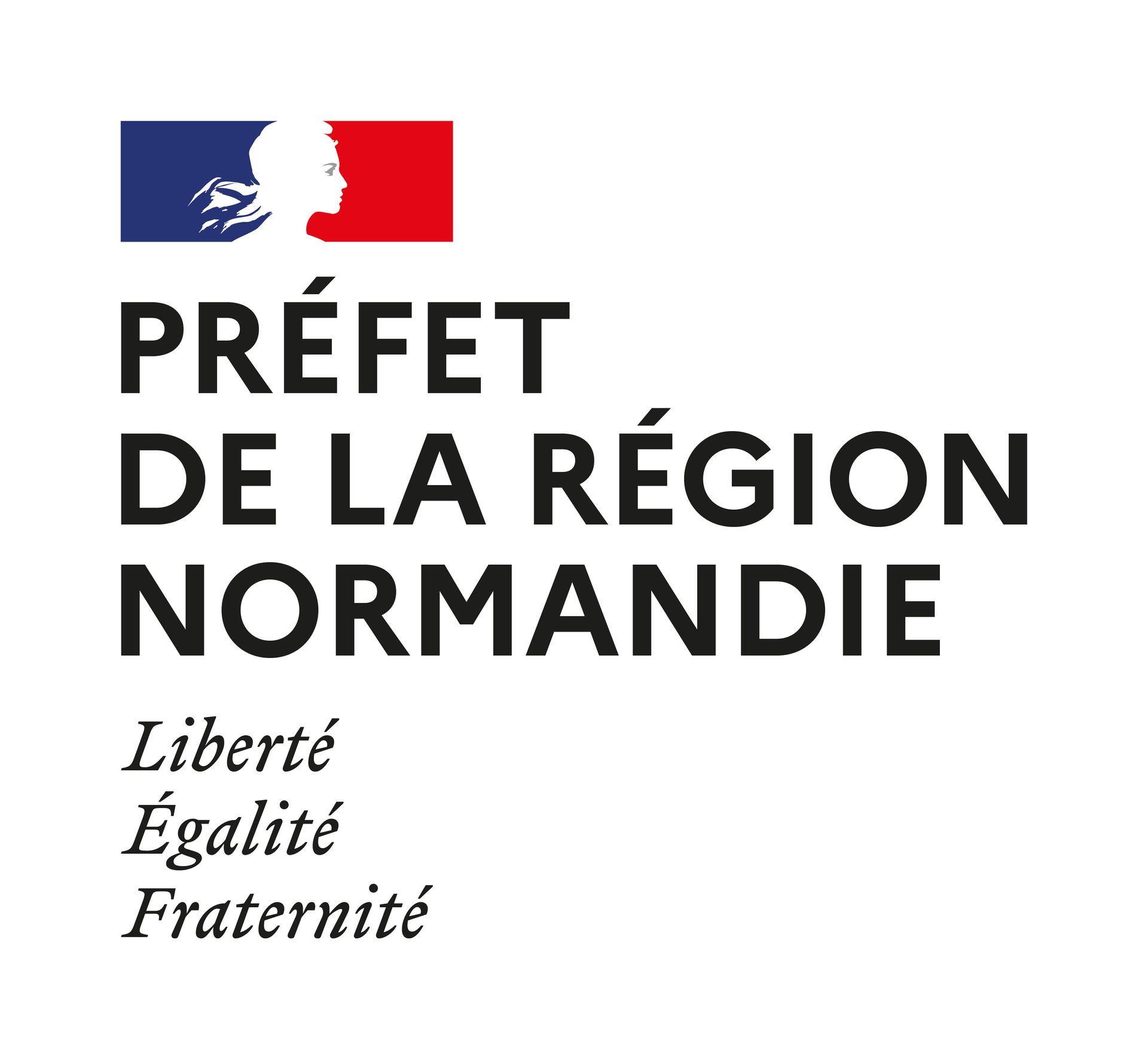 logo préfet de la région Normandie Liberté égalité fraternité drapeau français dont le blanc a le profil de Marianne
