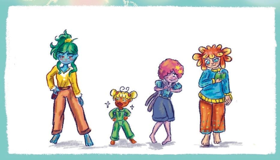 Les 4 enfants Dys De gauche à droite, Lylou, dyslexique elle est grande avec la peau bleue claire et de longs cheveux verts attac ; Killy, dysphasique ; Nino, dyspraxique et Apoulco, dyscalculique