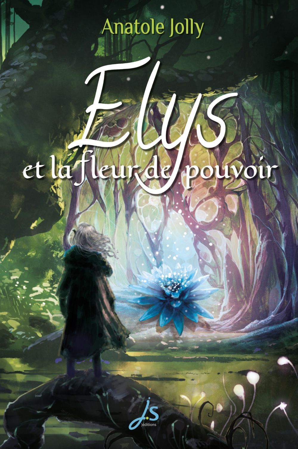 roman de fantasy queer Un roman de fantasy queer Elys et la fleur de pouvoir d'Anatole Jolly on voit un personnage de dos aux longs cheveux blancs. Il est dans une forêt profonde et fait face à une fleur bleue