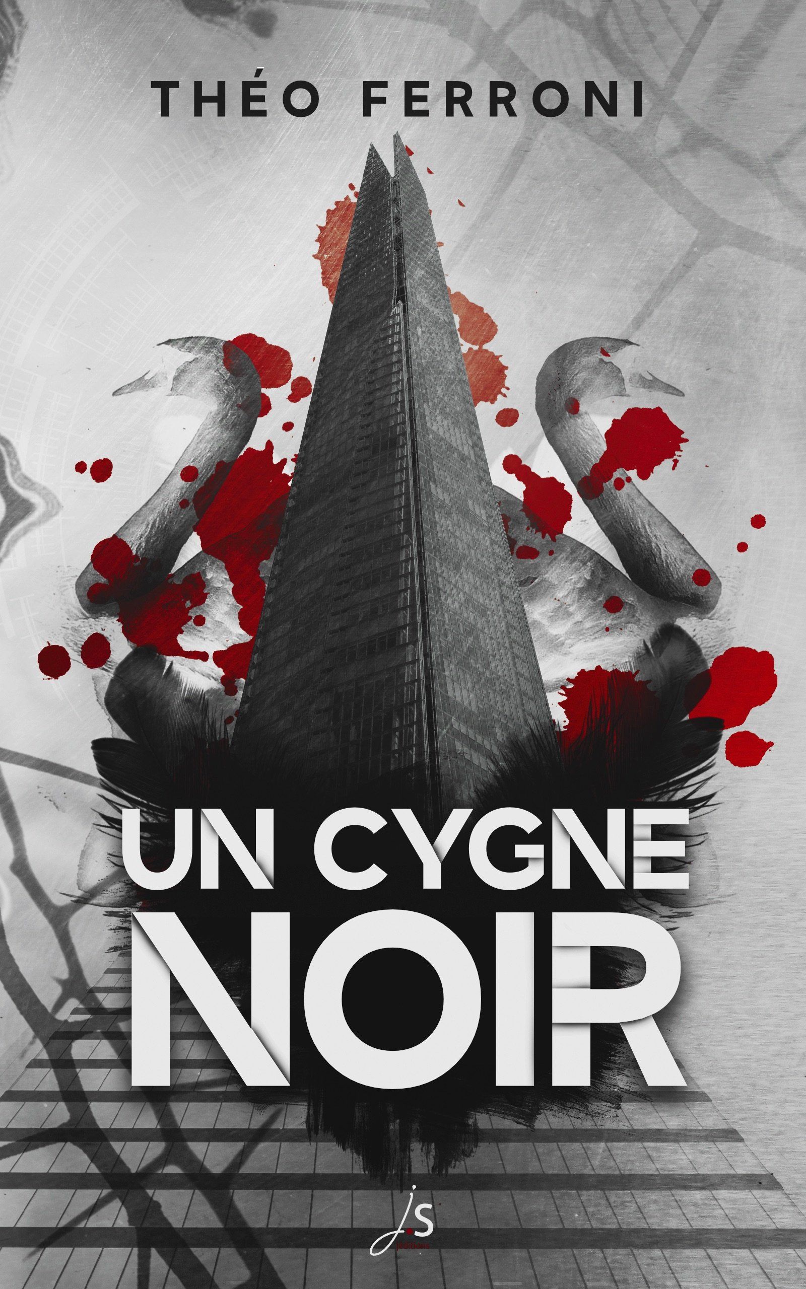 La couverture d'un cygne noir respecte les codes du thriller teinté d'imaginaire. Sur un fond gris, un immeuble très haut éclaboussé de taches de sang et deux silhouettes de cygnes noirs.