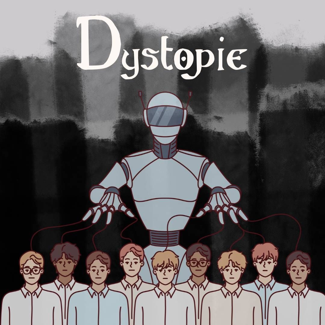 Sur un fond gris, des coups de pinceaux de peinture noire recouvrent les trois quarts de l’image. Sur ce fond de peinture noir, une robot semble tirer les ficelles d’’un groupe d’humains. Au-dessus, on lit “Dystopie” en blanc et dans une police de type gothique.