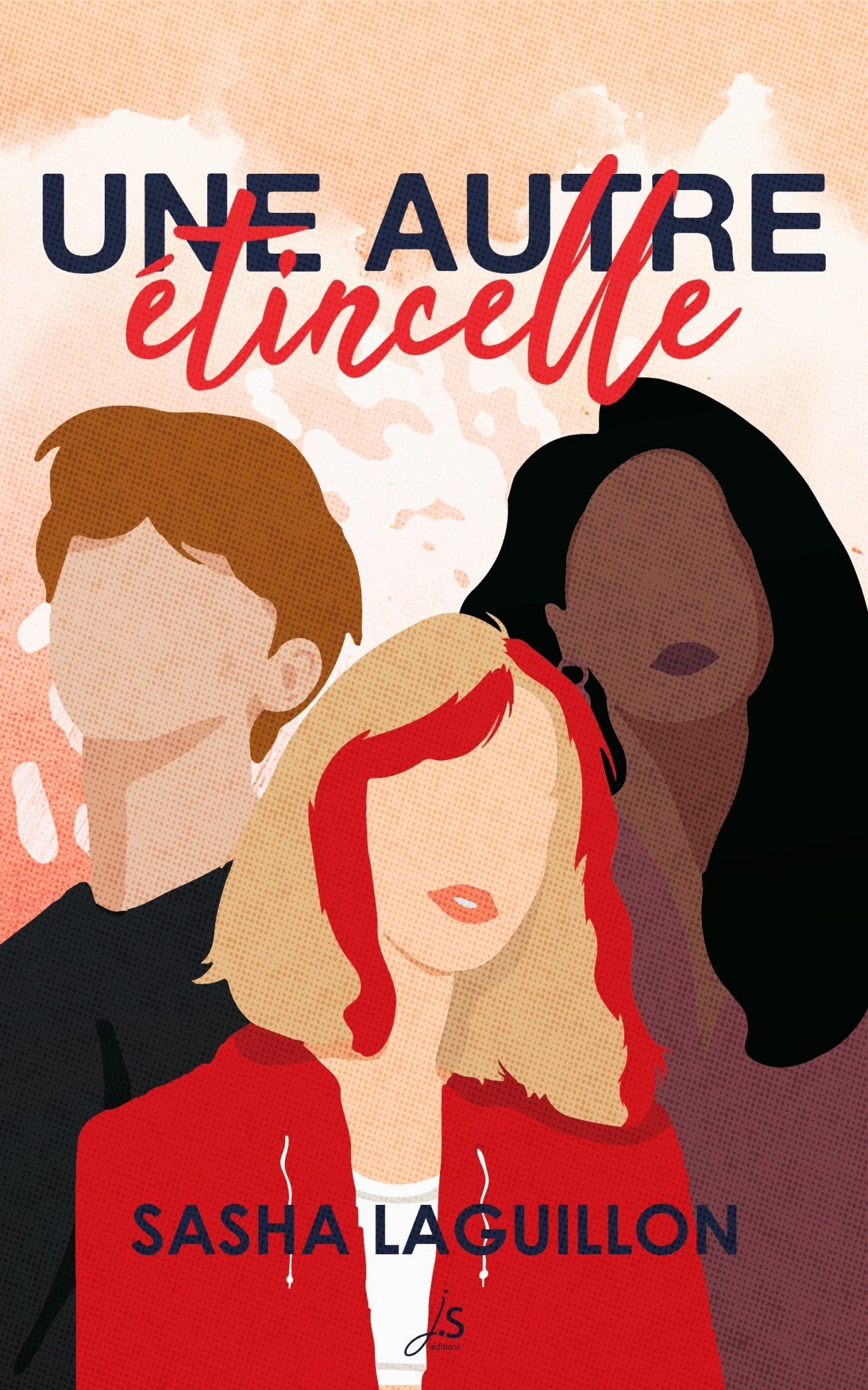 La couverture du roman présente 3 silhouettes humaines. Une jeune personne blanche avec des cheveux blonds et rouges, une personne noire avec de longs cheveux noirs raides et une personne blanche avec de courts cheveux roux.