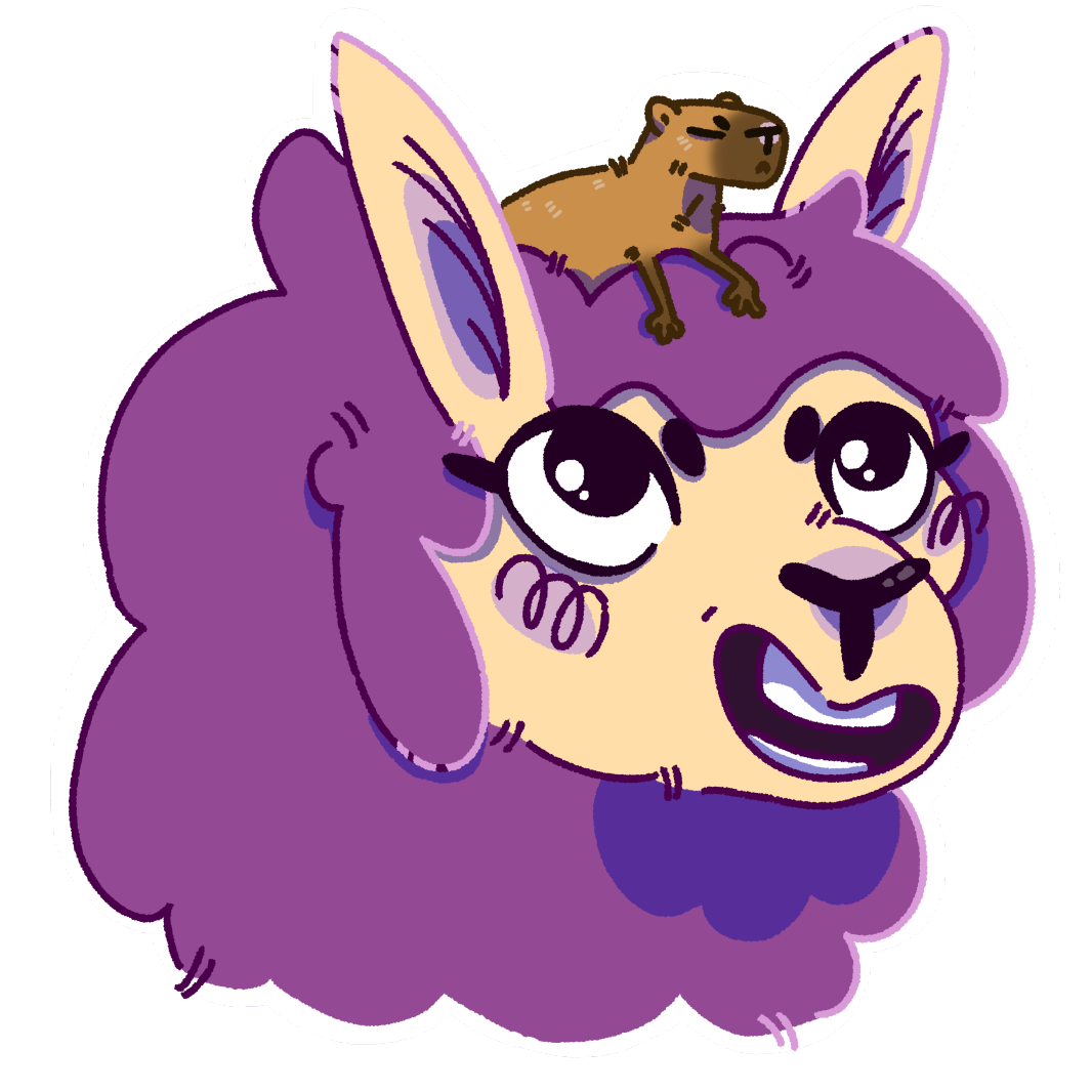 La mascotte de la maison d'édition : Barbouille, le lama violet. On voit sa tête il porte un capybara sur la tête.