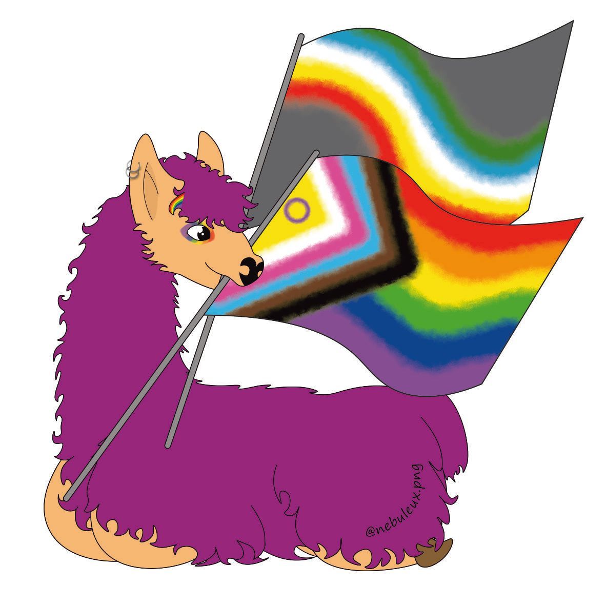 Dessin d'un Lama à la fourrure violette, assis. Il tient deux drapeaux dans sa bouche : le drapeau des fiertés et le drapeau handi.