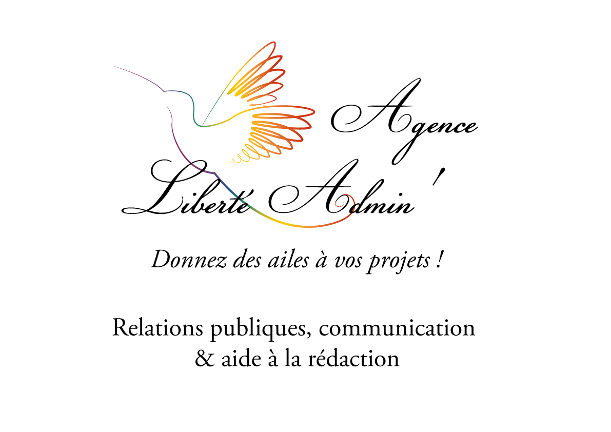 Le logo de l'agence liberté admin' présente le texte en cursive entremêlé au dessin au trait coloré d'un colibri en vol
