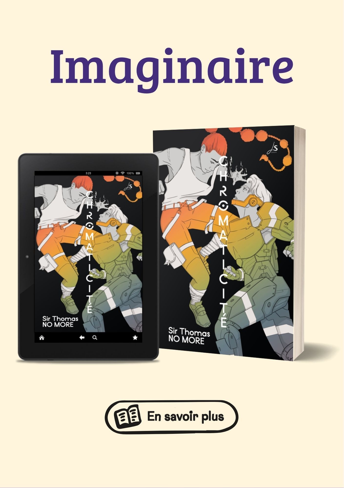 Sur un format A5 un fond beige le titre en violet foncé imaginaire dessous le livre Chromaticité en version papier et numérique. En bas le bouton en savoir plus.