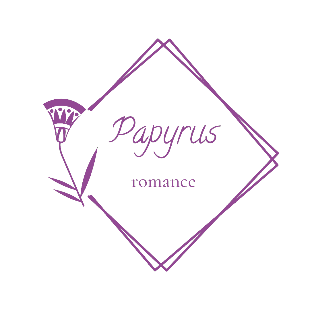 Collection Pégasus Le logo de la collection Papyrux est formé par deux carrés entremêlés présentés coin en bas comme on aime représenter les losanges. Une fleur de Papyrus remplace l'angle de gauche. Le mot Papyrus est écrit dans une police un peu fantasy manuelle et en dessous le mot romance dans une police avec serif simple. Le logo est violet sur fond blanc.