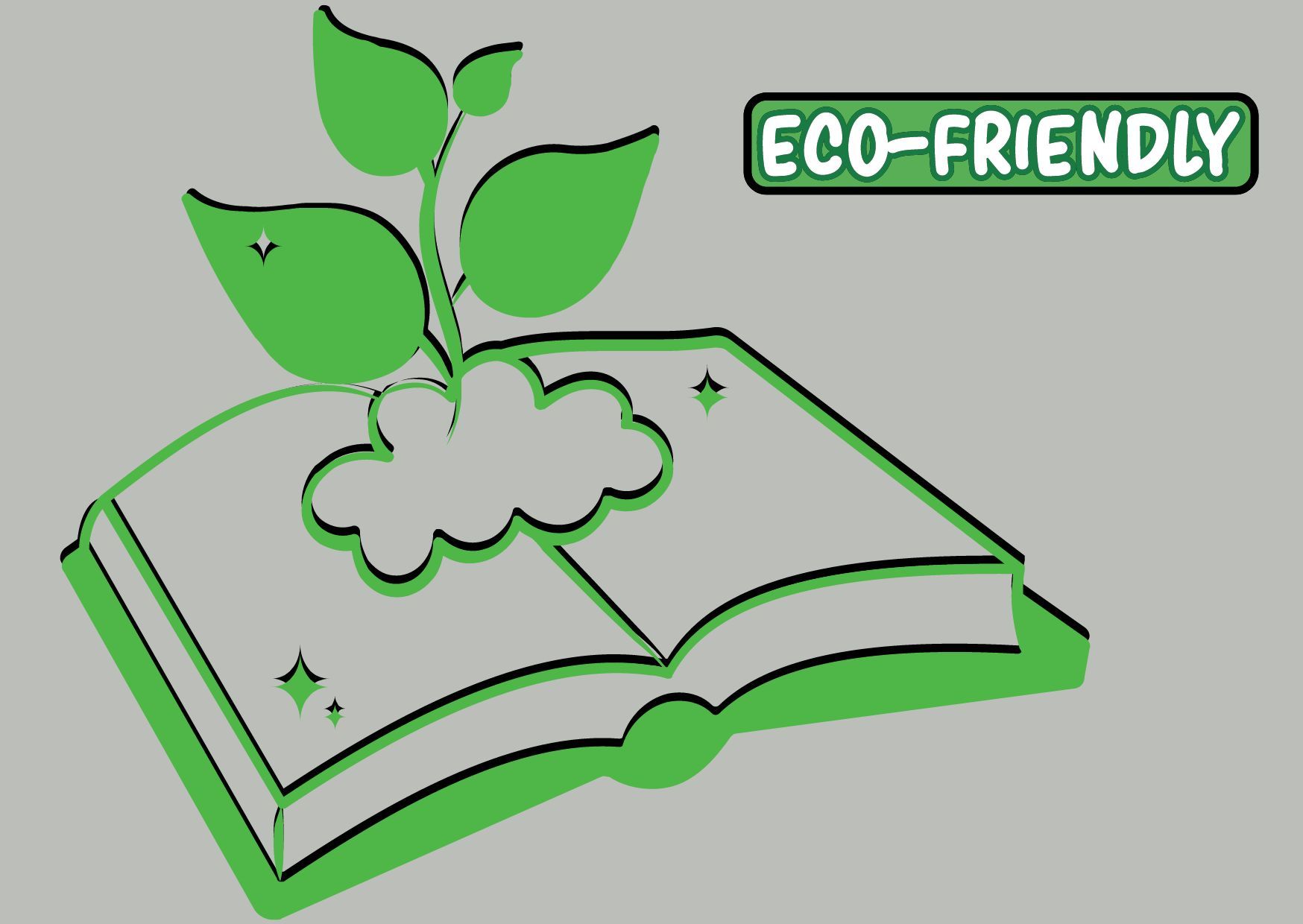 un livre éco-friendly illustration d'un livre ouvert vers d'où sort une pousse de plante. À côté la mention eco-friendly. Le tout sur fond gris.