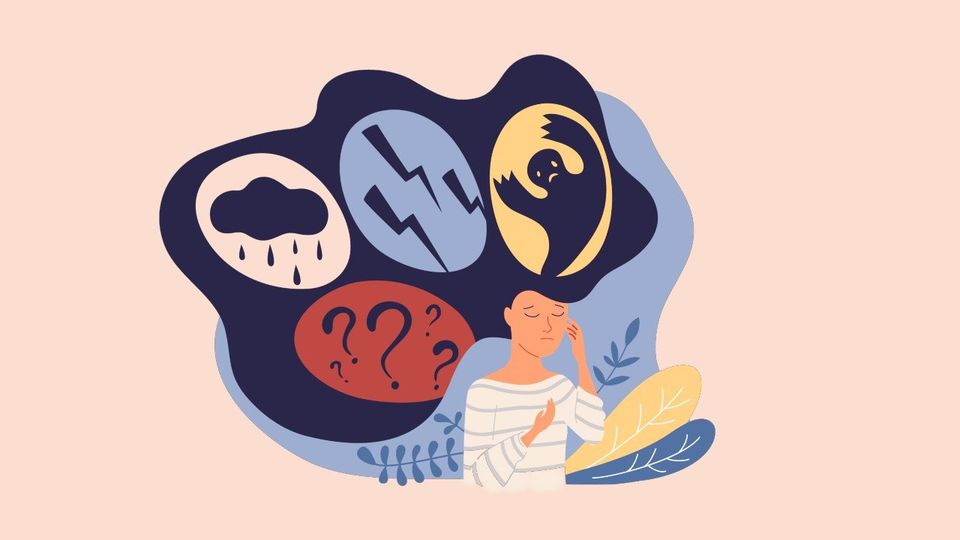 cartoon image of woman with lots of thoughts in think bubbles around her head