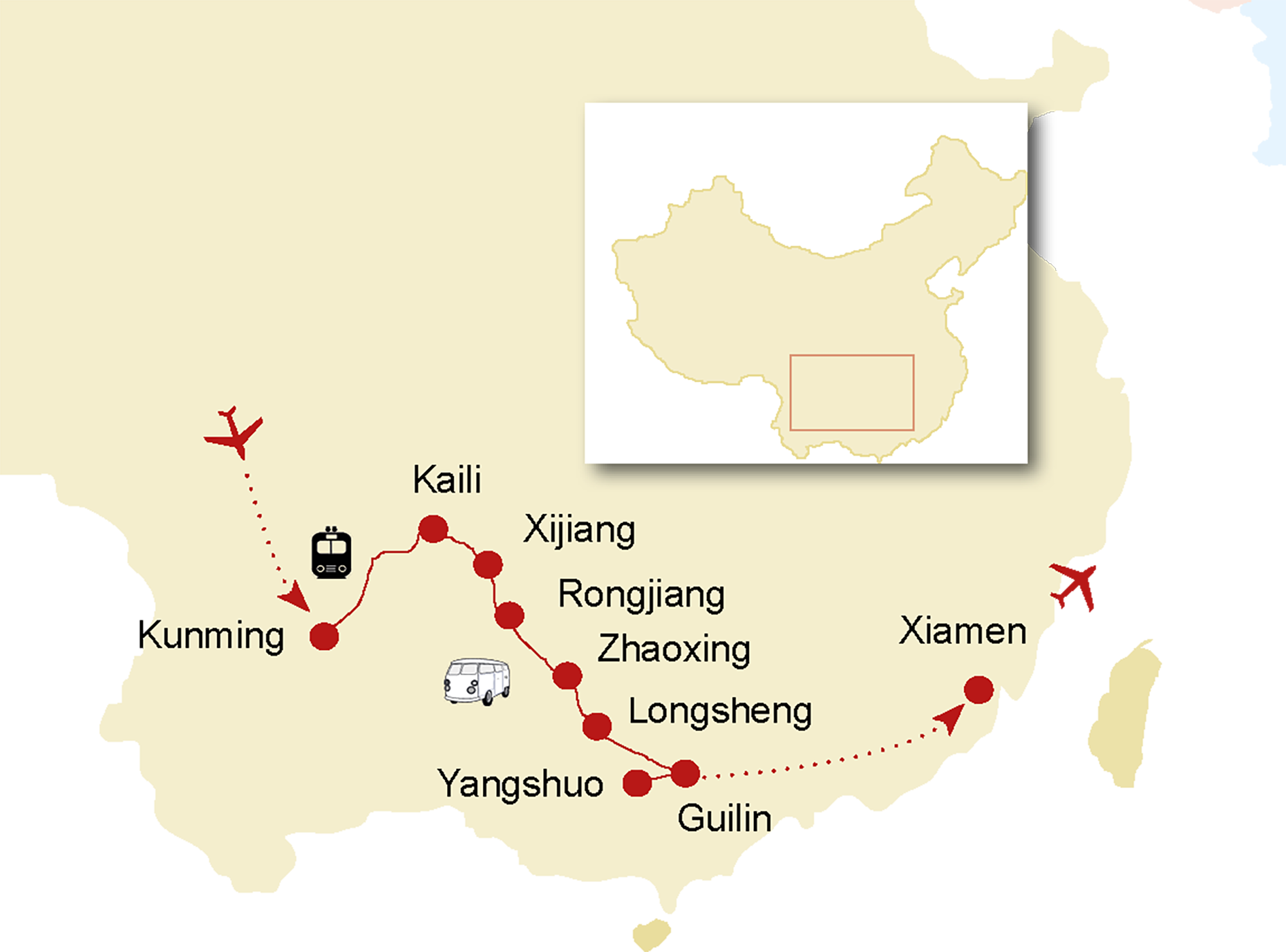Provinzen Guizhou Guangxi Fujian, Reiseroute